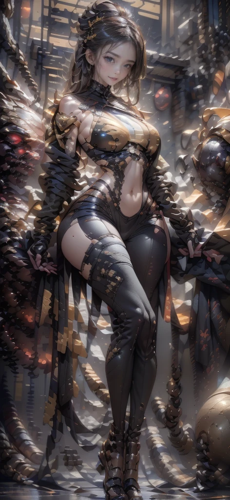 a beautiful girl in a venomous black and gold suit,detailed face,detailed eyes,detailed lips,beautiful black hair,dramatic lighting,digital art,concept art,intricate detail,hyper realistic,8k,ultra-detailed,photorealistic,vibrant colors,chiaroscuro lighting