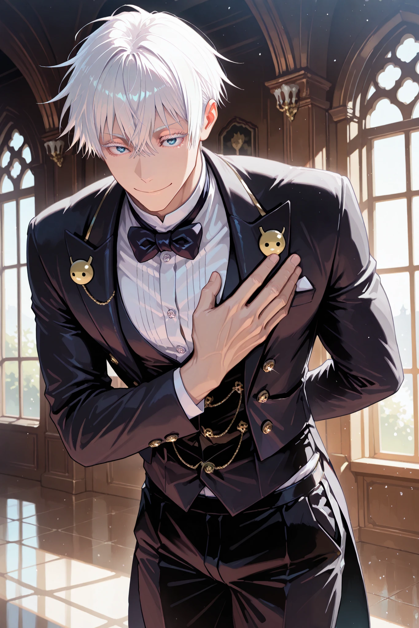 (masterpiece) , (highest quality) , (very detailed) , (the best shape) , (absurd) , (so beautiful) , (perfect anatomy), (perfect clear eyes), (from side) (from far away) 1 man, closed mouth, smile, Satoru Gojo, Jujustu kaisen, blue eyes, white hair, white undercut, short hair, white eyelashes, muscular, trained body, sexy man, handsome, black butler uniform, white shirt, black vest, black suit pants, black jacket, bows, standing, leaning forward, noble noble mansion, solo, alone