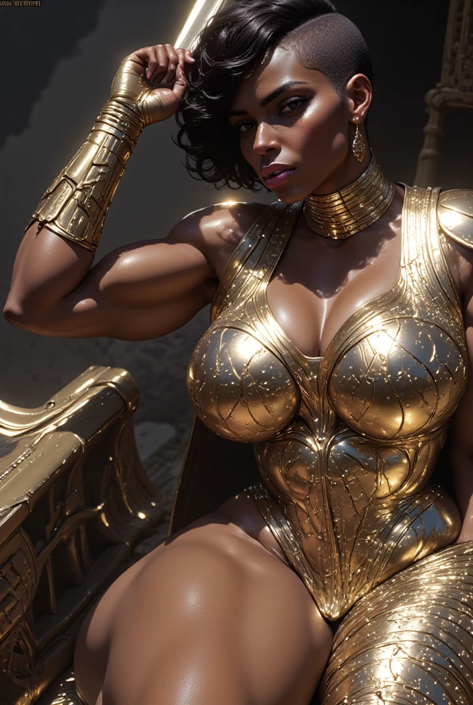 8k ((full body view)) (large eyes:1.3), (puffy lips:1.4), defined cheekbones, ((legs spread:1.1)), ((the pit style:1.4))((bra1.6)), tight pants, sash, ((intricate details:1.4))detailed face:1.5), light skin,(puffy lips:1.5) (light skin:1.6), (bald woman:1.7), (skinhead) ((sitting pose)),((looking at viewer)), (detailed eyes:1.2), (Muscular:1.3), ((gigantic breasts:1.5)), )highly detailed, ((side view:1.6)), majestic, digital photography, art by artgerm and ruan jia and greg rutkowski, ((jewelry around leg:1.4)), (masterpiece), warm sidelighting, ((black background)), (((gold color palette)))