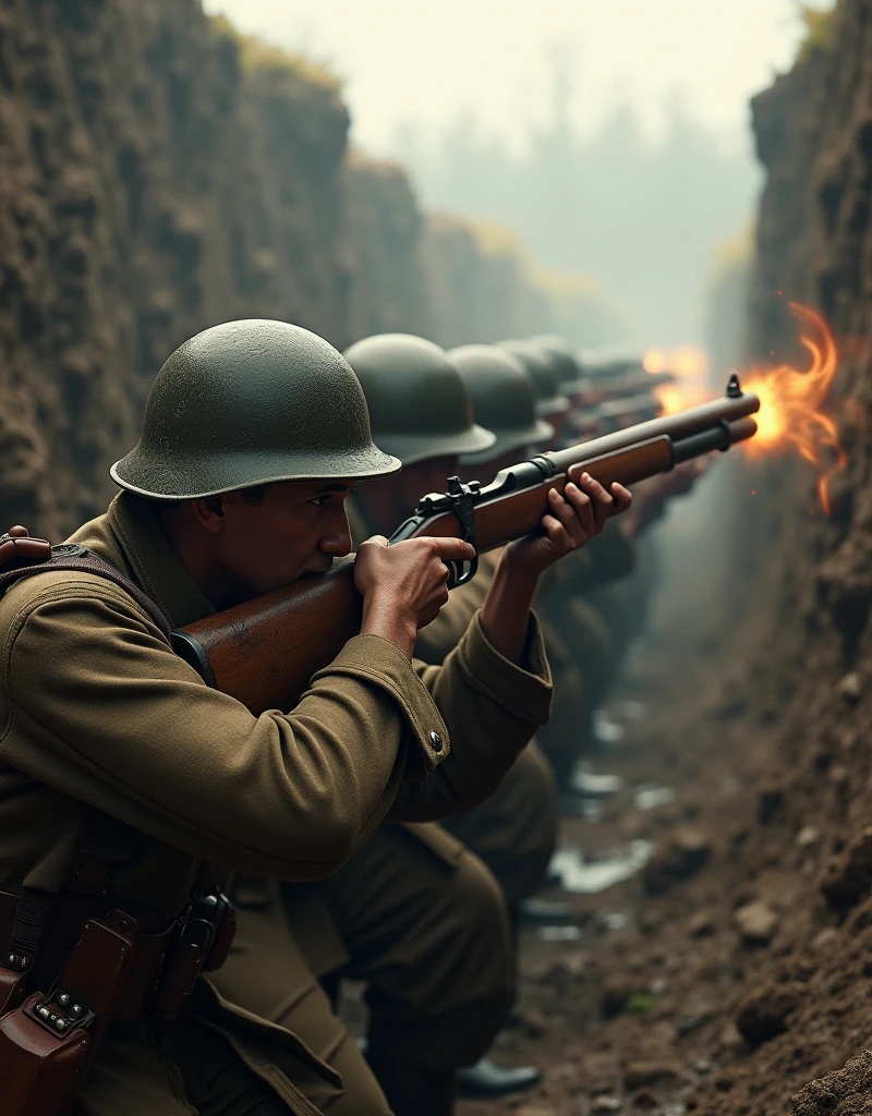 Prompt: Design a stunning hyperrealistic digital artwork that captures the essence of World War 1 through a panoramic wide-angle camera perspective, focusing on a battalion of Italian Arditi firing squads in the heat of combat. Each soldier should be rendered with extraordinary full-body precision, showcasing their skillful depiction and the intense expressions on their depicted, displaying unwavering courage and determination as they fire with their meticulously detailed bolt-action rifles. Firing the rifles. The scene should be set amidst a muddy narrow trench scenery, accurately depicting the era with gritty realism through the use of textured elements and ambient noise of battle trench. Employ advanced octane 3D rendering techniques to achieve ultra-realistic textures, while skillfully manipulating light and shadow to amplify the dramatic tension of the moment. Strive for a composition that seamlessly intertwines dynamic movement with strategic focus, utilizing optimal image aperture and full depth of field. The artwork should resonate like a powerful documentary photograph, reflecting a deep understanding of both the soldiers' and their environment, all in a style that fuses photorealism and hyperrealism. Ensure that the final piece captivates contemporary artistic viewers, making it a prime candidate for trending features on platforms such as CGSociety and DeviantArt, while drawing on the rich narrative style of classic wartime cinema.