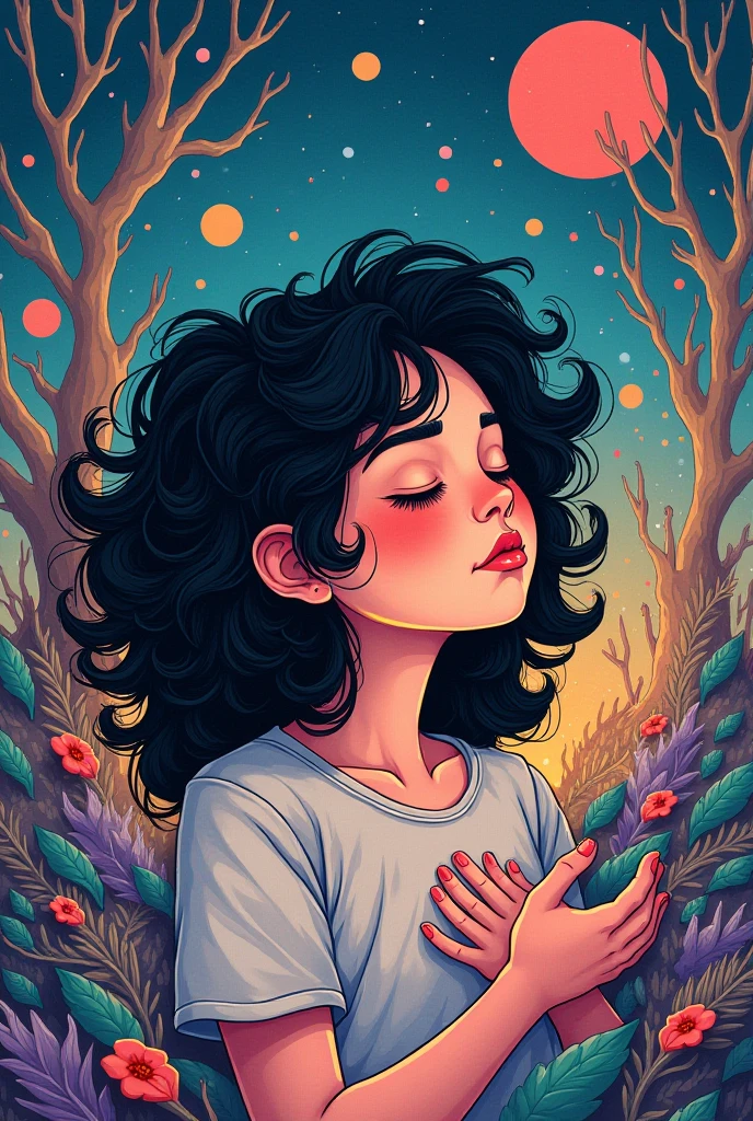 a woman with long curly hair kneeling, hands in prayer pose, high mountains in background, starry night sky with moon rising behind mountains, photorealistic,8k,HDR,ultra-detailed,cinematic lighting,dramatic shadows,glowing moon,detailed facial features,beautiful detailed eyes,beautiful detailed lips,extremely detailed face,long eyelashes,serene expression,dramatic atmosphere,moody colors,deep blues and purples,dramatic lighting,cinematic composition