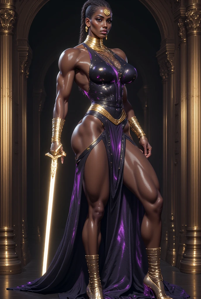 ((1 girl)) full body standing barefoot, gray skin, drow, elf, Madura, Detailed happy face, purple eyes, by white, bikini purpura, well defined six pack abs, Large knockers, gold chain necklace, stomach tattoo (red tattoo)