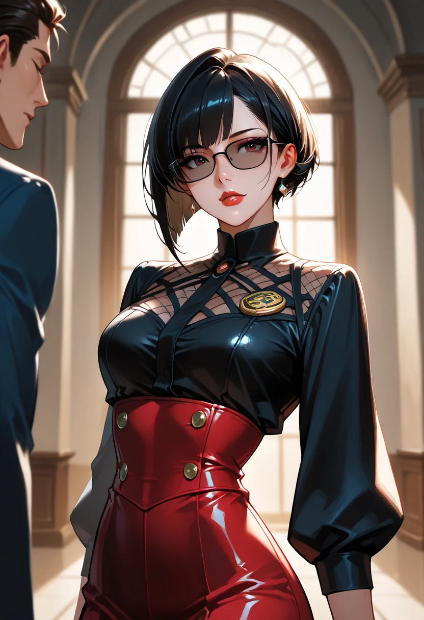 8k, masterpiece, best quality, highly detailed, 1 girl, tiefling, warlock, pixie cut, multicolored hair, very short straight hair green highlight hair on white hair, strippled hair, wearing glasses, round glasses, earrings, navel piercing, red eyeshadow, long eyelashes, blushed cheek, red lips, necklace, rings, collarbone, mole on face, glamorous, red and purple clothes, miniskirt, smirk, close up view, rings, looking at viewer, demon horns, solo, blue pale moon, standing, royal dress, devil books.