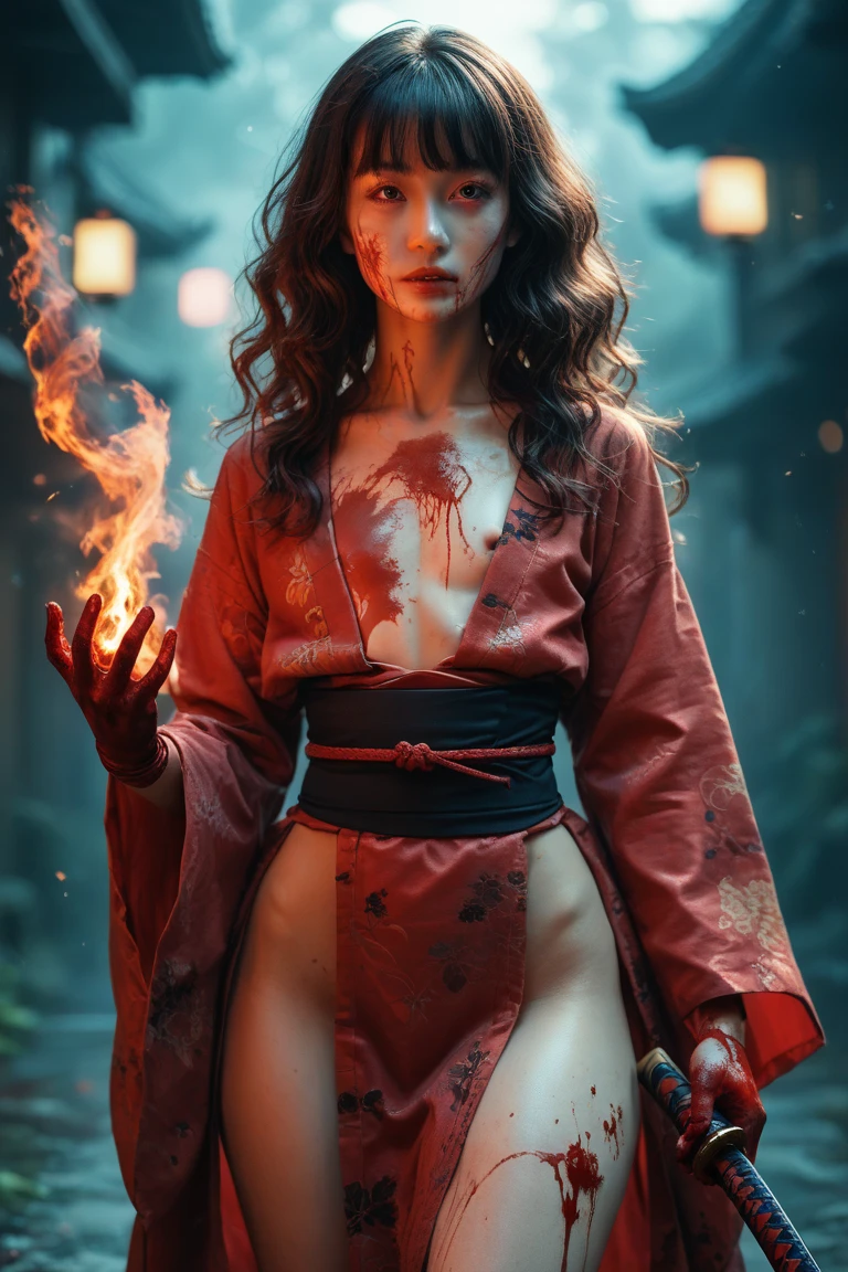 Dictator setting fire with flamethrower, tattoo of a large dragon, tattoo all over body, American football headgear, gas mask, pin heels, lace robe, rooftop, huge background is a neon sign