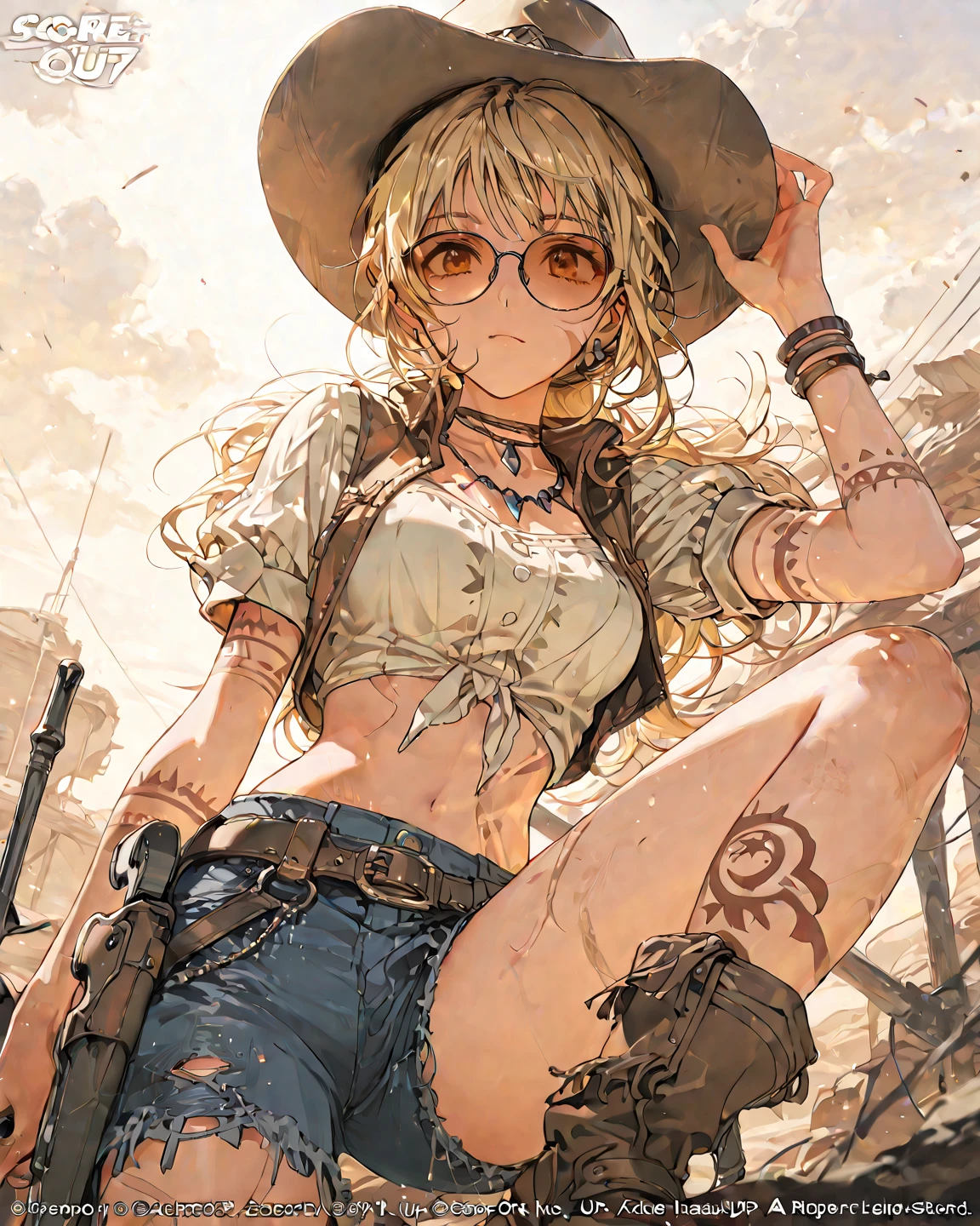 NSFW, 1girl, blonde hair, curly hair, cowboy hat, cropped jacket, leather, brown jacket, cleavage, navel, bare legs, knee up, whip, panties, desert, mountain, thighhighs, lace trim, skindentation, sheriff badge, revolver, hand on hip, long hair, shiny skin,, masterpiece, best quality, highly detailed