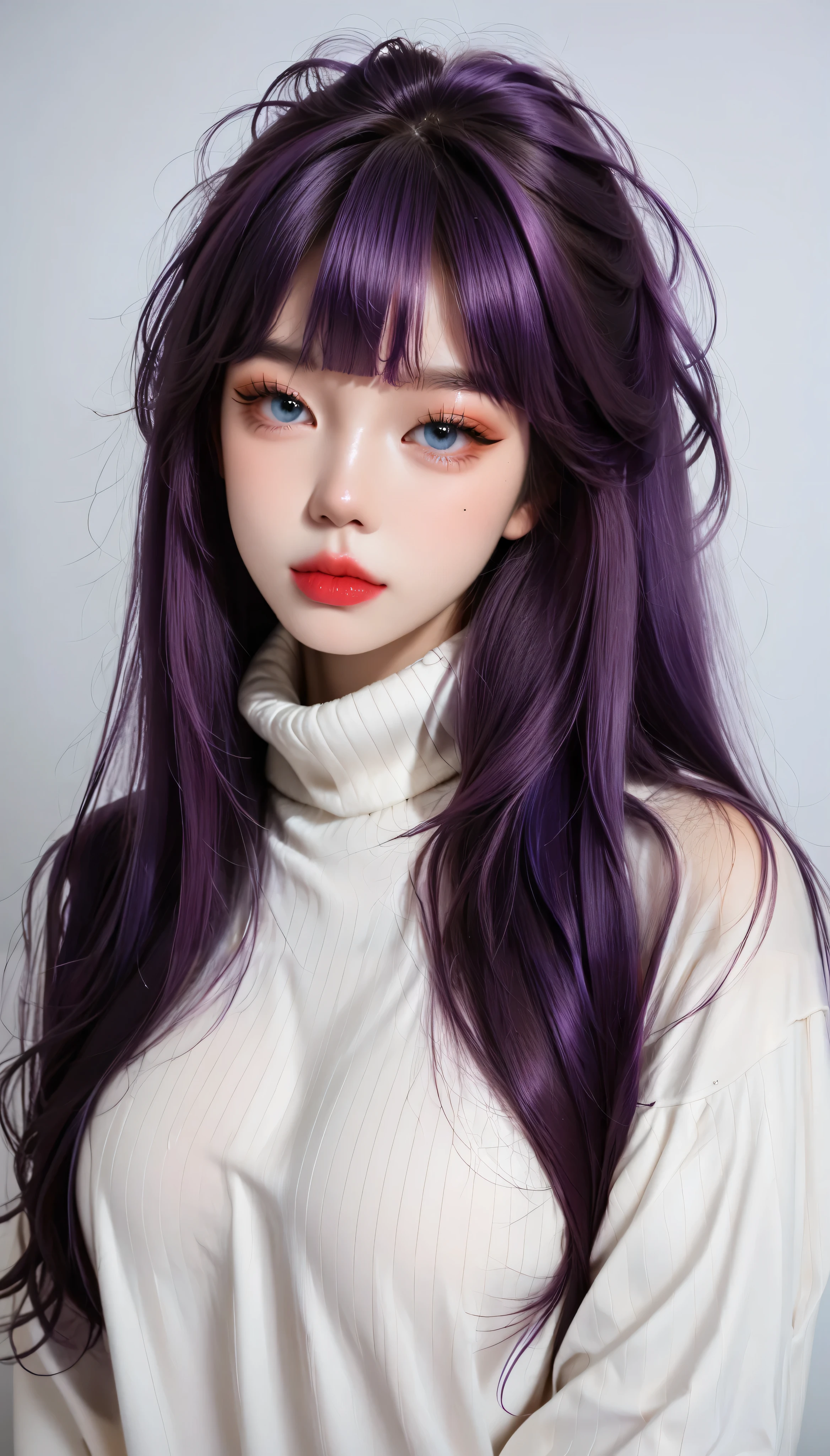score_9, score_8_up, score_7_up, (photography), Photo RAW, best quality, hires, absurdres, ulzzang, ulzkawai, (((korean aesthetics))), k-pop, glamorous, shine, solo, (thin face), big eyes, ((Xia Yan)), blue eyes, eyelashes, 1mole under eye, lips, straight hair, long hair, dark purple hair, blunt bangs, messy hair,makeup, lipstick, big breasts, looks streetwear, white sweater, high collar,, realistic, looking at viewer, simple background, cowboy shot, sharp focus,