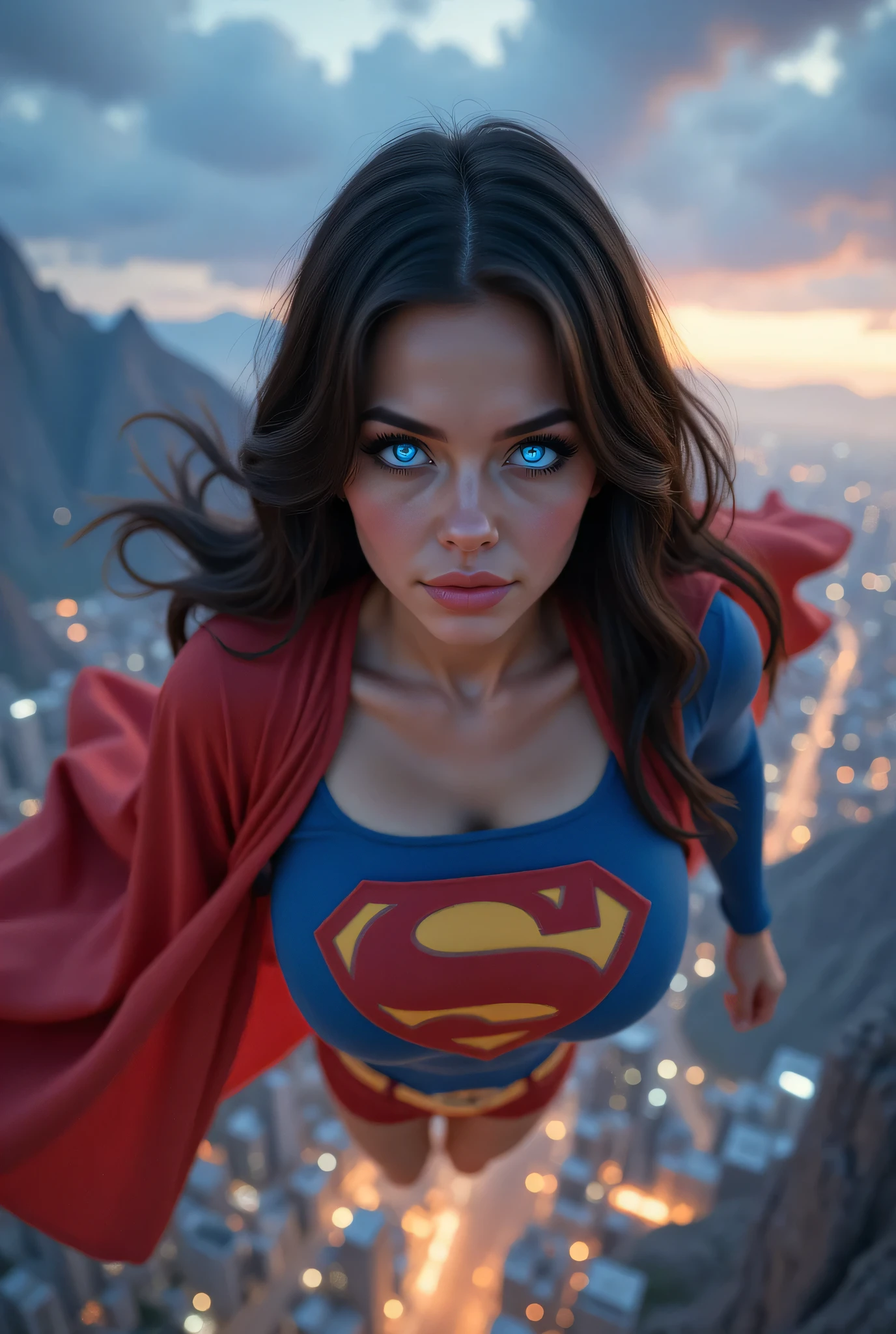 INCREDIBLY SEXY YOUNG INNOCENT MATURE SUPERGIRL, HYPER DETAILED BLUE EYES, beautiful Kryptonian superheroine, powerful stance, glowing eyes, wavy black hair, determined expression, red and blue costume, flying mid-air, energy beams from EYES, detailed facial features, 4K, hyper-realistic, photorealistic, dramatic lighting, cinematic composition, epic sci-fi landscape, glowing alien cityscape, distant mountains, futuristic technology, volumetric fog, dramatic shadows, vibrant colors, digital art, concept art style. 1980 SPANDEX SUPERGIRL COSTUME AND CAPE