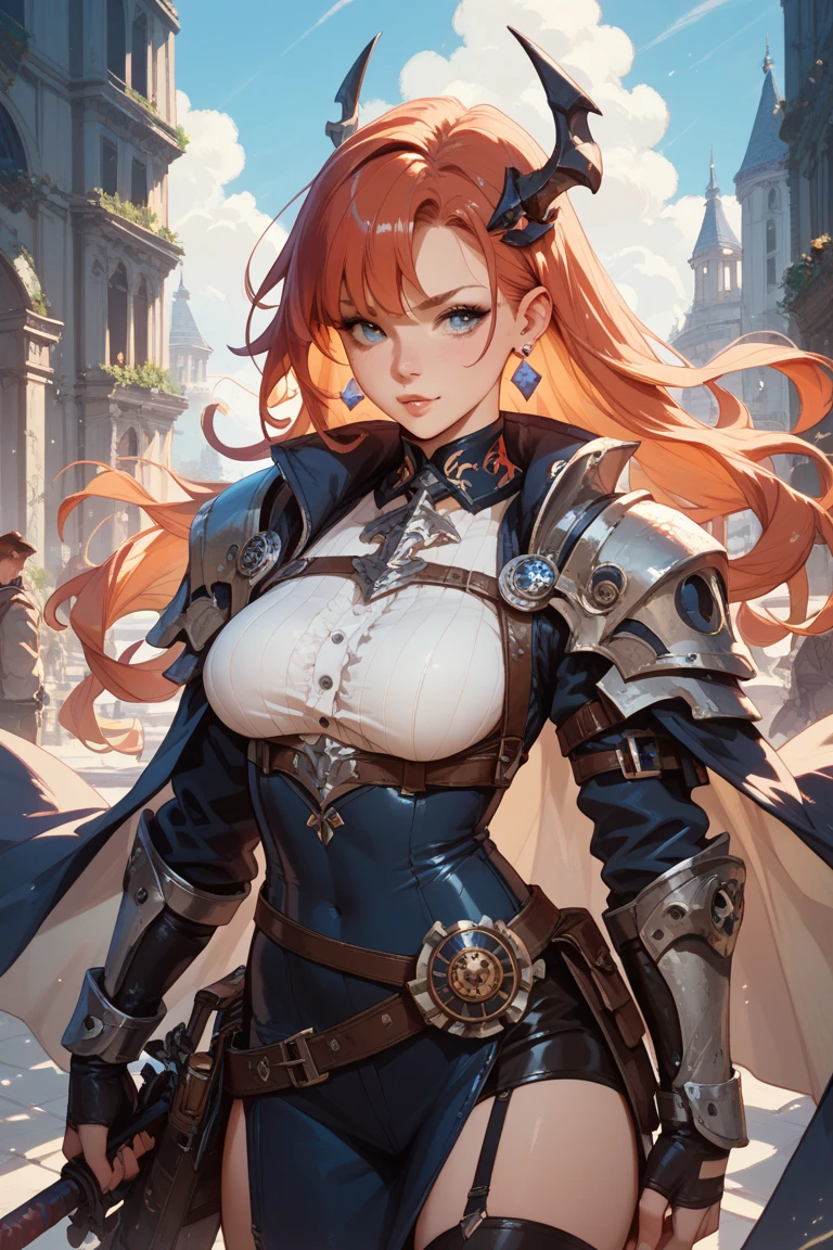 (8K, original photo, best quality, masterpiece:1.2), (actual, photo-actual:1.4), (extremely detailed CG unity 8K wallpaper), a complete body (rogue:1.1) woman wearing gold jewelry (Leather Armor:1.3), Sew worn armor, (Extremely detailed:1.5), gold and (White:1.5), Concept art portrait,author:greg rutkowski, artistic germ, Super detailed gothic art trends on Artstation, Amazing, intricate details, (blue dots:1), (Red hair, curls, High ponytail: 1.4)
