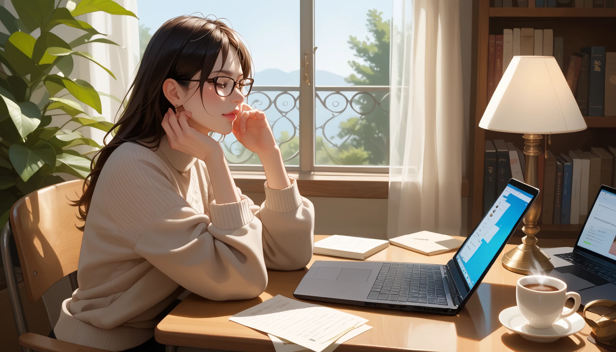 "A beautiful face and nice body, a woman sitting at a cluttered desk, deeply engaged in her work on a laptop." She is wearing glasses and a casual sweater, surrounded by books, notes, and a steaming cup of coffee. The warm desk lamp adds a cozy touch to the workspace.