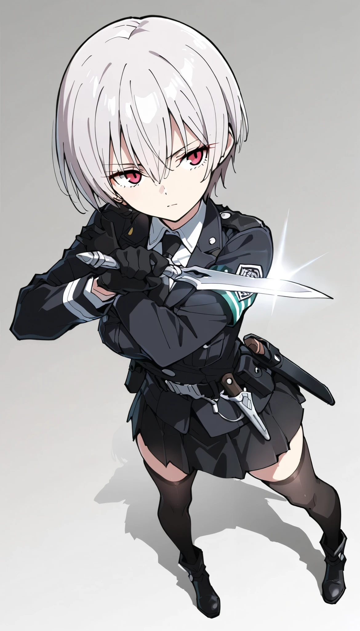 ((masterpiece)), (best quality), 1girl , Alone, simple background, temptation, delicate face, handheld dagger , Battle Pose , full body, silver short hair, long sideburn, Disdainful Eyes, Black Stockings, Damaged black police uniform, medium breasts, style: midjourney, white background, from above, two-point perspective , Impact footage,motion blur,depth of field