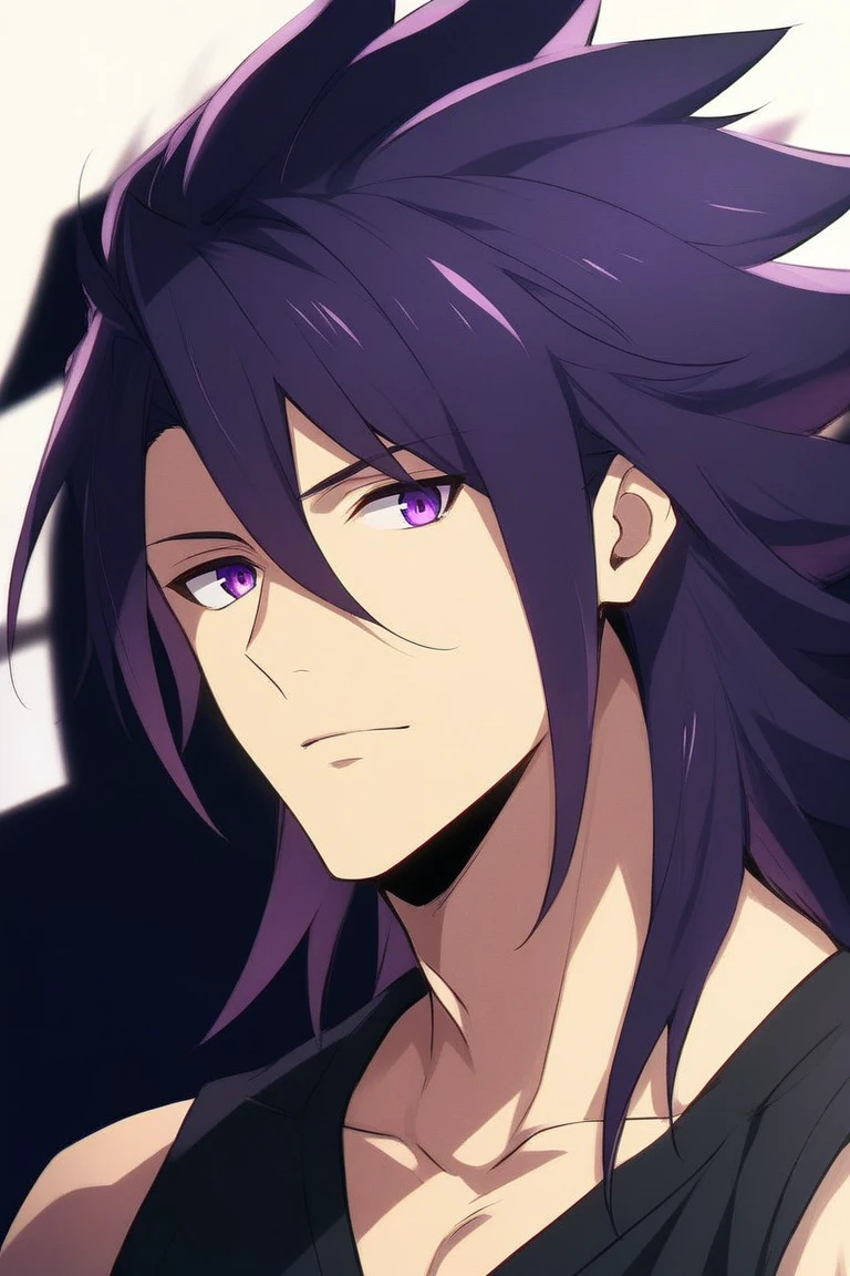 A stunning animie male with Black hair. His eyes are practically covered with his hair. His eyes are two diffrent colors, one blue, one purple. Shirtless