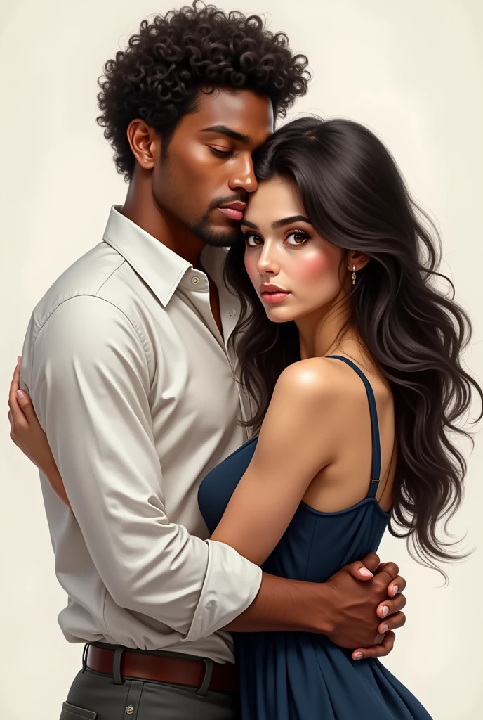 A couple where the boy hugs the girl from behind, she is white and has dark blonde hair and he is white médium and has black curly hair, They are in their 20s, He wears all black and she wears a light blue feminine blouse and baggy jeans. 