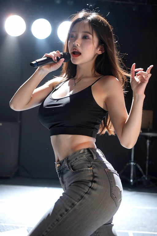 ((((perfect anatomy)))),(((A beautiful blues singer in her 20s captivates the packed venue with her best singing voice, illuminated by a single spotlight on a pitch-black stage.),Singer singing with microphone wearing plain tight blue front zip high neck sleeveless and slim jeans long pants and blue stilettos,(((Ulsan-6500))),(((Beautiful background bokeh with deep depth of field created by Hasselblad))),A well-defined body with a cinched waist and upward hips,masterpiece,highest quality,ultra high resolution,High detailed full body portrait,tall nose and beautiful face,long limbs like a model,((Full body photo taken from the wings of the stage)),cute 20 year old,She is cute with her long beautiful shiny chestnut hair tied into twin tails.,(Beautiful F-cup breasts that stand out),long eyelashes and large eyes,,Clear double eyelids,((Glossy thick lips)),perfect anatomy,