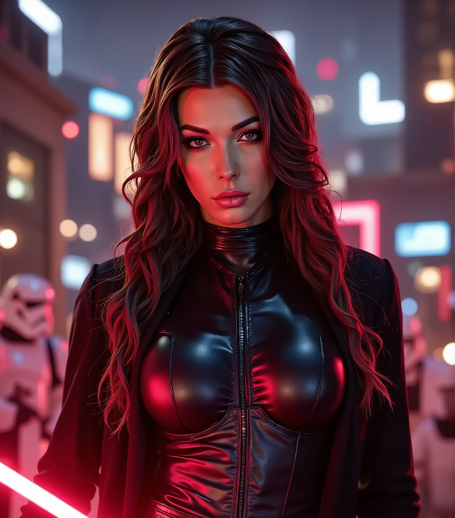 Aubrey Kate as a Mara Jade Skywalker with perfect eyes with long black hair, dressed in tight leather turtleneck combat outfit with pauldrons, using a red lightsaber, a hooded cape, strong seductive makeup, bedroom eyes, evil smirk, arrogant smirk, cinematic lighting, photorealism, background: on a sci-fi battelfield with a legion of stormtroopers standing shoulder to shoulder far behind her, blurry background, night time with stars, dark blurry background with red glow,