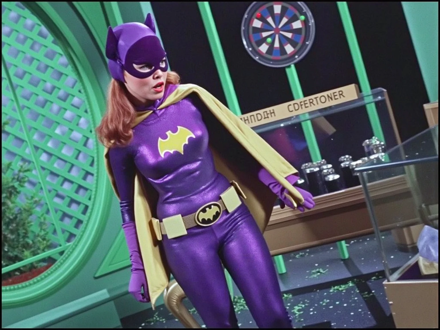 upper body, yvonne craig woman working with a retro futuristic computer inside a control room, buttons, switches, screens, radars, 60's style, analog film, film grain, nightime<lora:batgirl-v3:0.7>