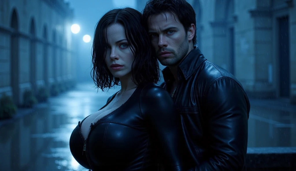 A muscular athletic man in a black leather suit with medium hair and a short beard is talking to a fat woman with large breasts in a black leather suit from a distance.
City on fire.
At night .