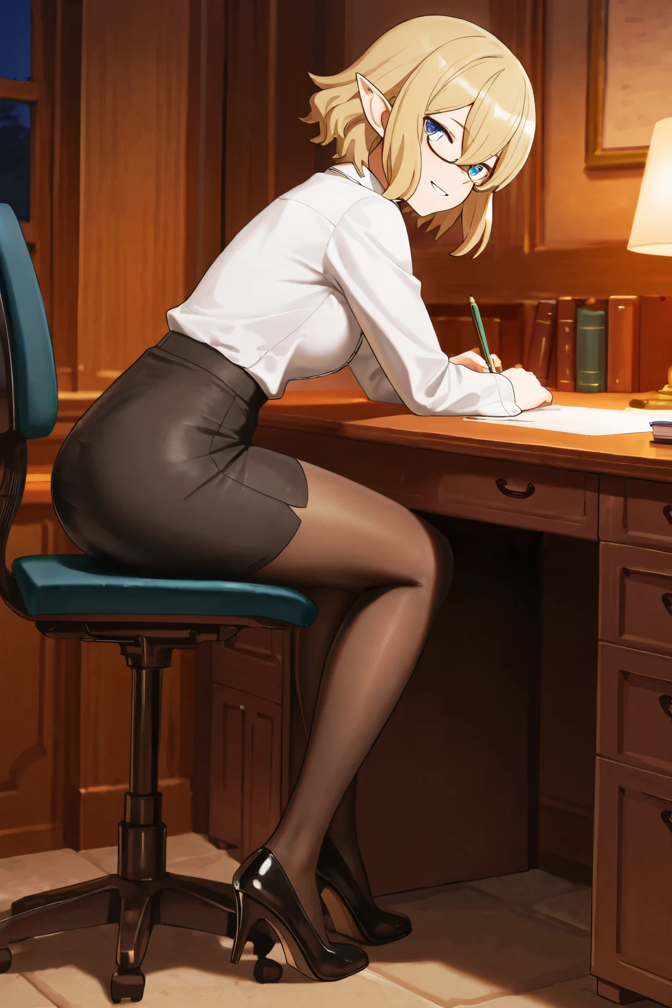 NSFW,masterpiece,best quality,high resolution,very detailed,Ryuu Lion(is it wrong to try to meet someone in a dungeon),short hair、blond hair、hair between his eyes、pointed ears、blue eyes, dress shirt,pencil skirt,pantyhose,high heels,glasses,Office at night,desk,chairs,document, bewitching smile