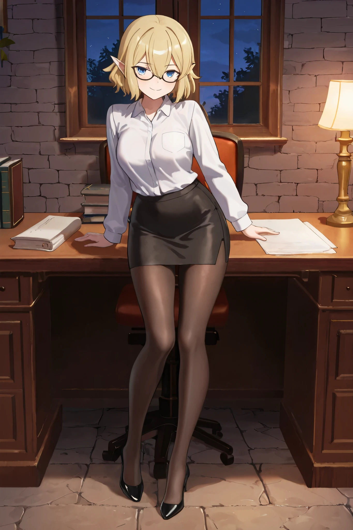 NSFW,masterpiece,best quality,high resolution,very detailed,Ryuu Lion(is it wrong to try to meet someone in a dungeon),short hair、blond hair、hair between his eyes、pointed ears、blue eyes, dress shirt,pencil skirt,pantyhose,high heels,glasses,Office at night,desk,chairs,document, bewitching smile