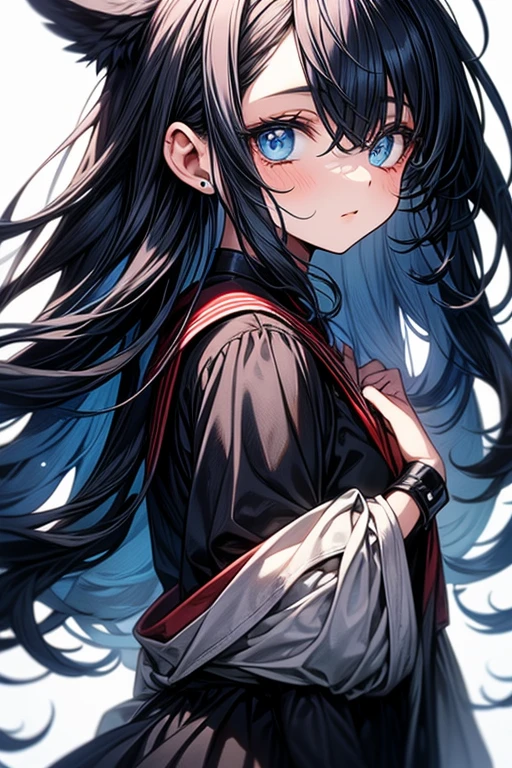 Create Female Character, white, with a spot in the eyes, From the left, what's with the blue eyes, be shiny, with long black hair and a red streak, and has a galaxy cover, anime-like, demon Slayer,