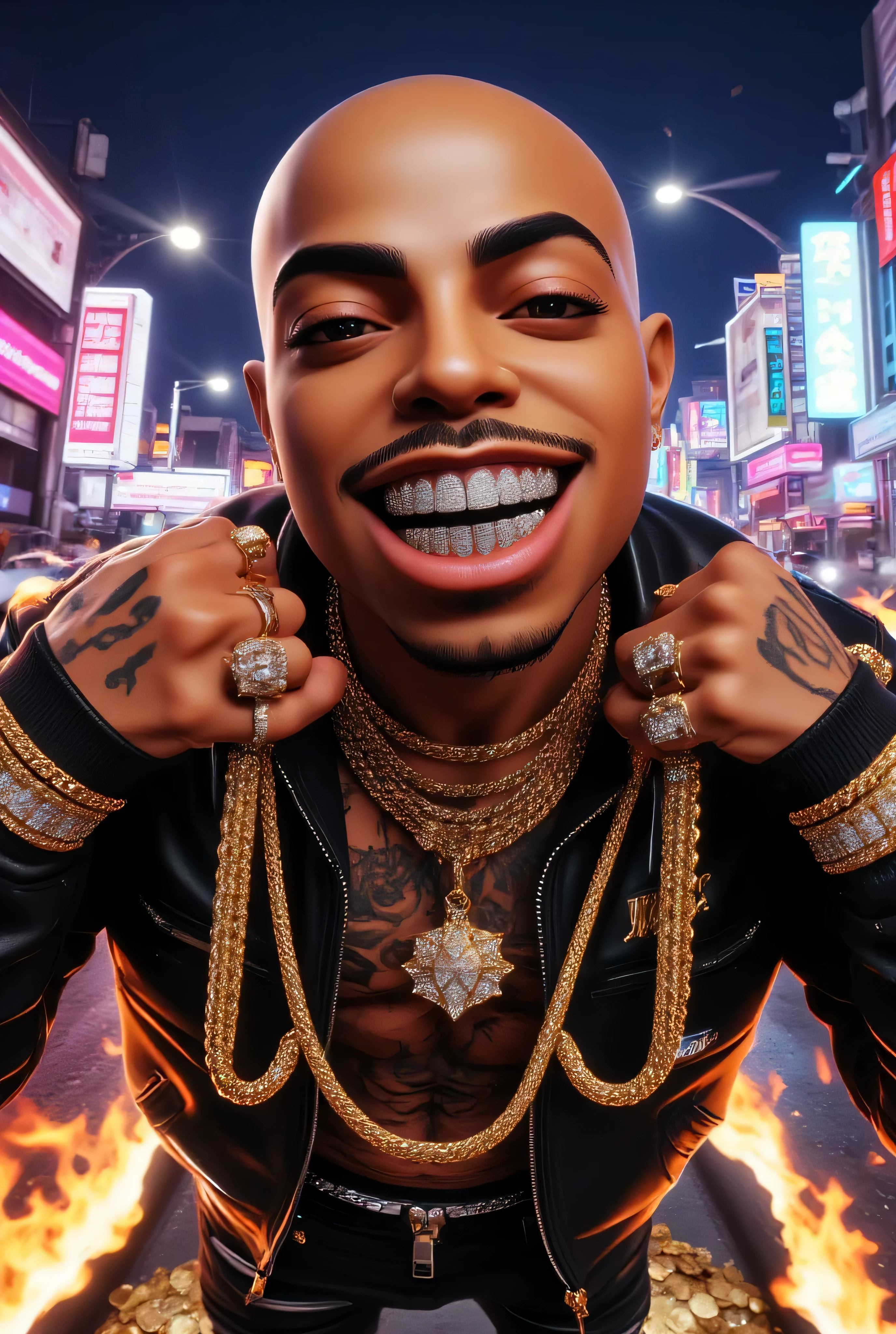 Gr!llz, 3D smooth caricature-styled full-body avatar of an African American man with a bald head, dressed in black pants and a jacket, striking a fighting pose surrounded by fire sparks and gold coins. He has diamond grills on his teeth and is throwing chains at the camera, set against a backdrop of neon-lit city lights at night. The character should have vibrant colors, exaggerated features to emphasize a cartoon-like charm, and a playful expression (top-quality、in 8K、32K、masterpiece)、(Photorealsitic:1.4)、Downtown District Background、Backlight effect、depth of fields,blurry backround,(top-quality、8K、32K、masterpiece)
Y