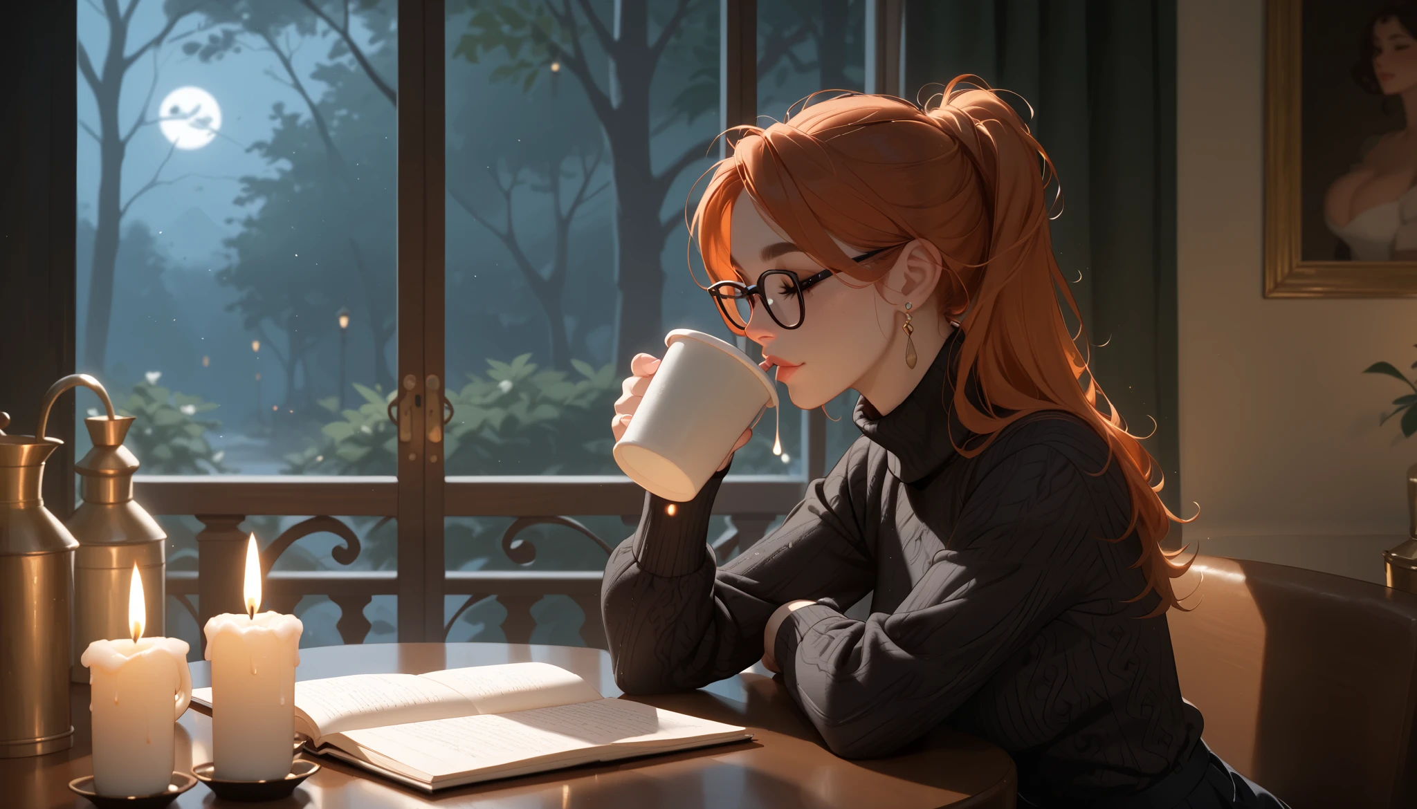 "A dimly lit café at night, illuminated by soft candlelight and a few hanging Edison bulbs. A beautiful woman with a mysterious aura sits in the corner, sipping black coffee while reading a novel. She wears a dark turtleneck and glasses, her intense gaze focused on the pages as the quiet jazz music sets a moody and intimate atmosphere."