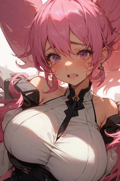 Jibril, upper body, blushed, perfect anatomy, detailed eyes, detailed lips, extremely detailed eyes and face, vivid colors, sharp focus, masterpiece:1.2, ultra-detailed, blushed, ((((cum on face, having sex)))), ((doggystyle)), (solo), ((black dress)), sleeveless, dominant, red eyes, holding a heart, blood, ponytail,  prison