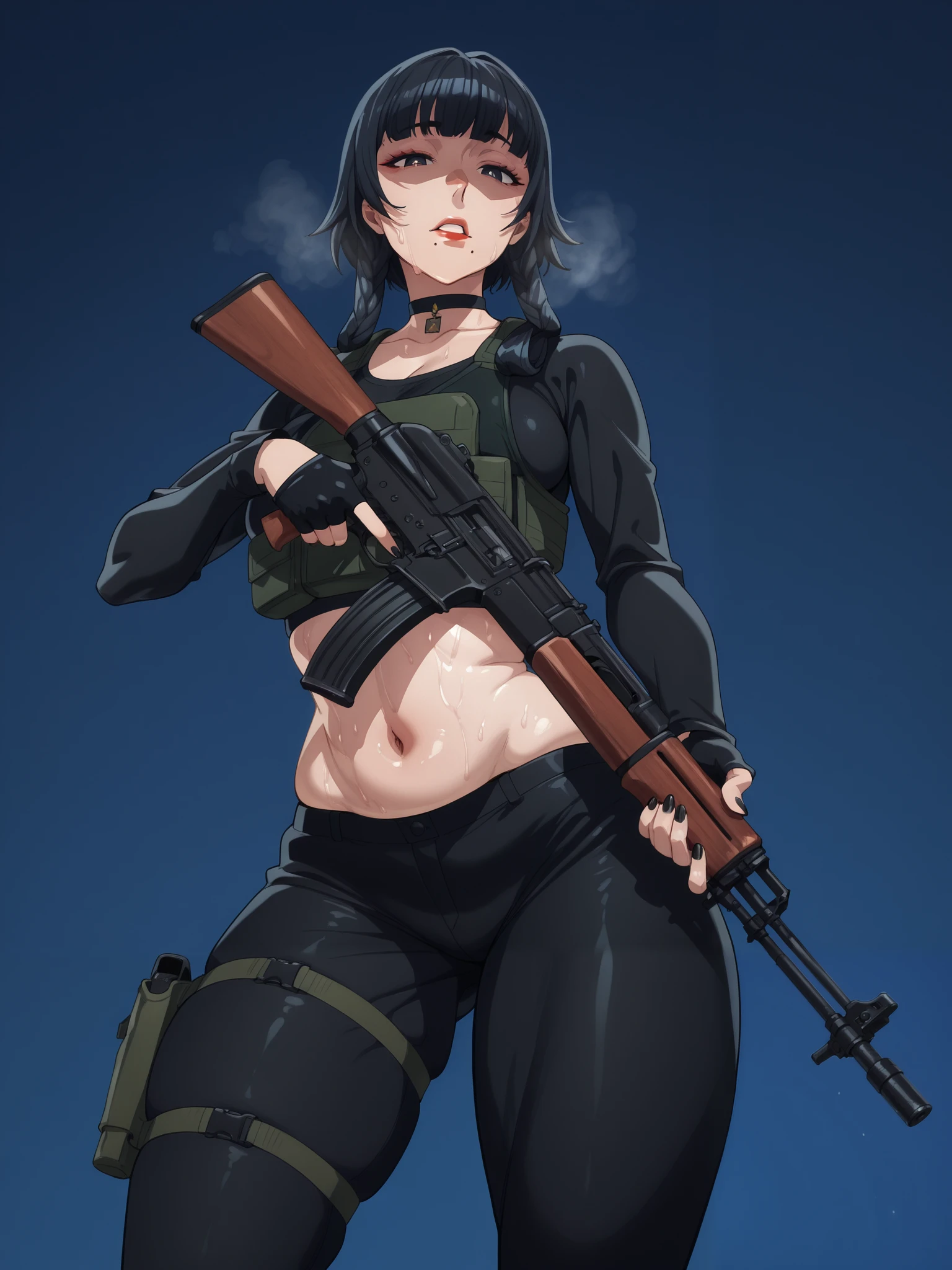 perfect eyes, perfect fingers, gasping, heavy breathing, excessive sweating, sweating, sweating profusely, gasping profusely, cinematic, ((skindentation)), ((curvy)), black hair, short hair with long locks, black eyes, blunt bangs, hair rings, twin braids, bright pupils, ((flabby stomach)), plump, BREAK anime-style, anime coloring, cgi, Hand drawn, cinematic, Sharp focus, humorous illustration, big depth of field, Masterpiece, concept art, trending on artstation, Vivid colors, Simplified style, trending on ArtStation, trending on CGSociety, Intricate, Vibrant colors, Soft Shading, Simplistic Features, Sharp Angles, Playful, excessive sweating, sweating profusely, sweating drop BREAK, 1girl, gun, weapon, solo, holding_gun, rifle, trigger_discipline, gloves, holding_weapon, navel, mole_under_mouth, holding, mole, black_nails, assault_rifle, choker, nose, lips, nail_polish, holster, pants, fingerless_gloves, blue_background, thigh_holster, handgun, alternate_costume, midriff, black_choker, parted_lips, thighs, thick_thighs, bulletproof_vest, black_pants, makeup, breasts, looking down, shaded face,