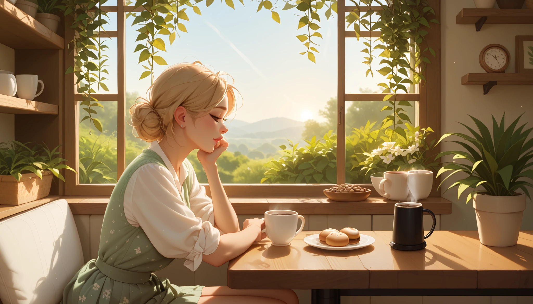 "A cozy café filled with lush green plants, warm sunlight streaming through large windows, wooden furniture, and a relaxing atmosphere. The café has a rustic and modern design, with a coffee machine on the counter, shelves filled with coffee beans and mugs, and soft golden lighting. A beautiful woman with a charming face and nice body sits at one of the wooden tables, enjoying a cup of coffee. She is dressed casually, looking relaxed as she gazes outside the window, lost in thought. The ambiance is peaceful and inviting, perfect for a quiet afternoon."