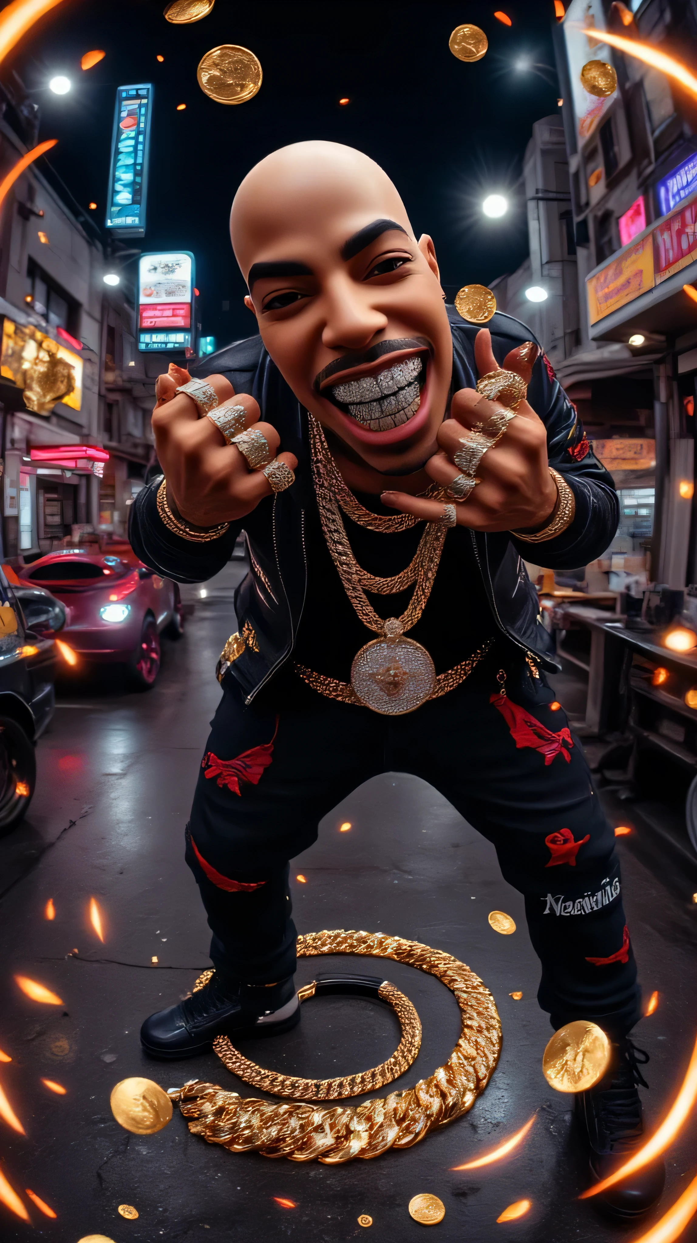 3D smooth caricature-styled full-body avatar of an African American man with a bald head, dressed in black pants and a jacket, striking a fighting pose surrounded by fire sparks and gold coins. He has diamond grills on his teeth and is throwing chains at the camera, set against a backdrop of neon-lit city lights at night. The character should have vibrant colors, exaggerated features to emphasize a cartoon-like charm, and a playful expression