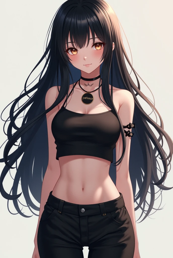 Black hair, orange eyes, large breasts, sexy, beautiful body, masterpiece, blue lingerie, blue underwear, blue bra, smile, bedroom