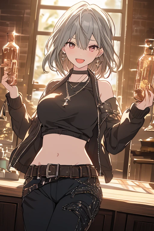 top-quality、Top image quality、masterpiece、girl with((18year old、tatteredclothing、Black tank top、Black short-sleeved hoodie、White pants、Best Bust、Bust 85、silber hair、disheveled ponytail、Blue eyes、open chest wide、Happiness、Sweating、Chain Accessories、break dance))hiquality、visualart、Background with((live house、knight、Combustion Renditions、Laser Pointer))、masutepiece
