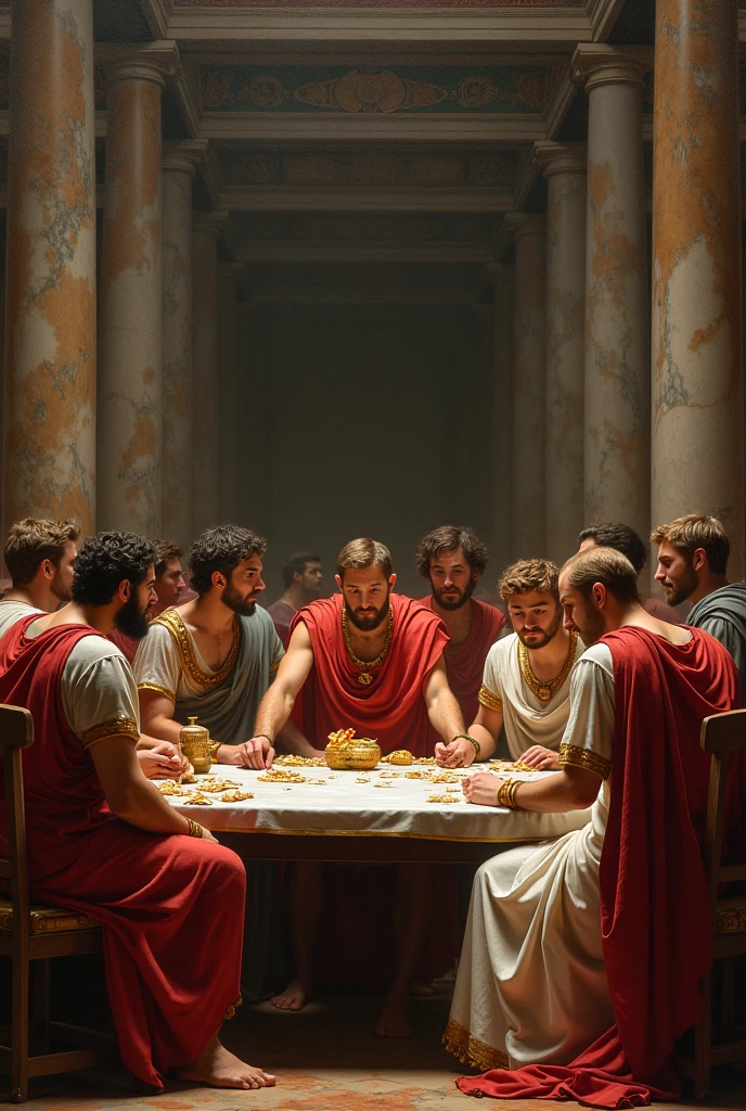 Corruption and Decadence in Rome
A lavish Roman banquet hall filled with wealthy nobles indulging in excessive luxury, while in the shadows, corrupt politicians exchange secretive glances. In the background, a statue of a once-great emperor stands tarnished and neglected, hinting at the moral decay within the empire.