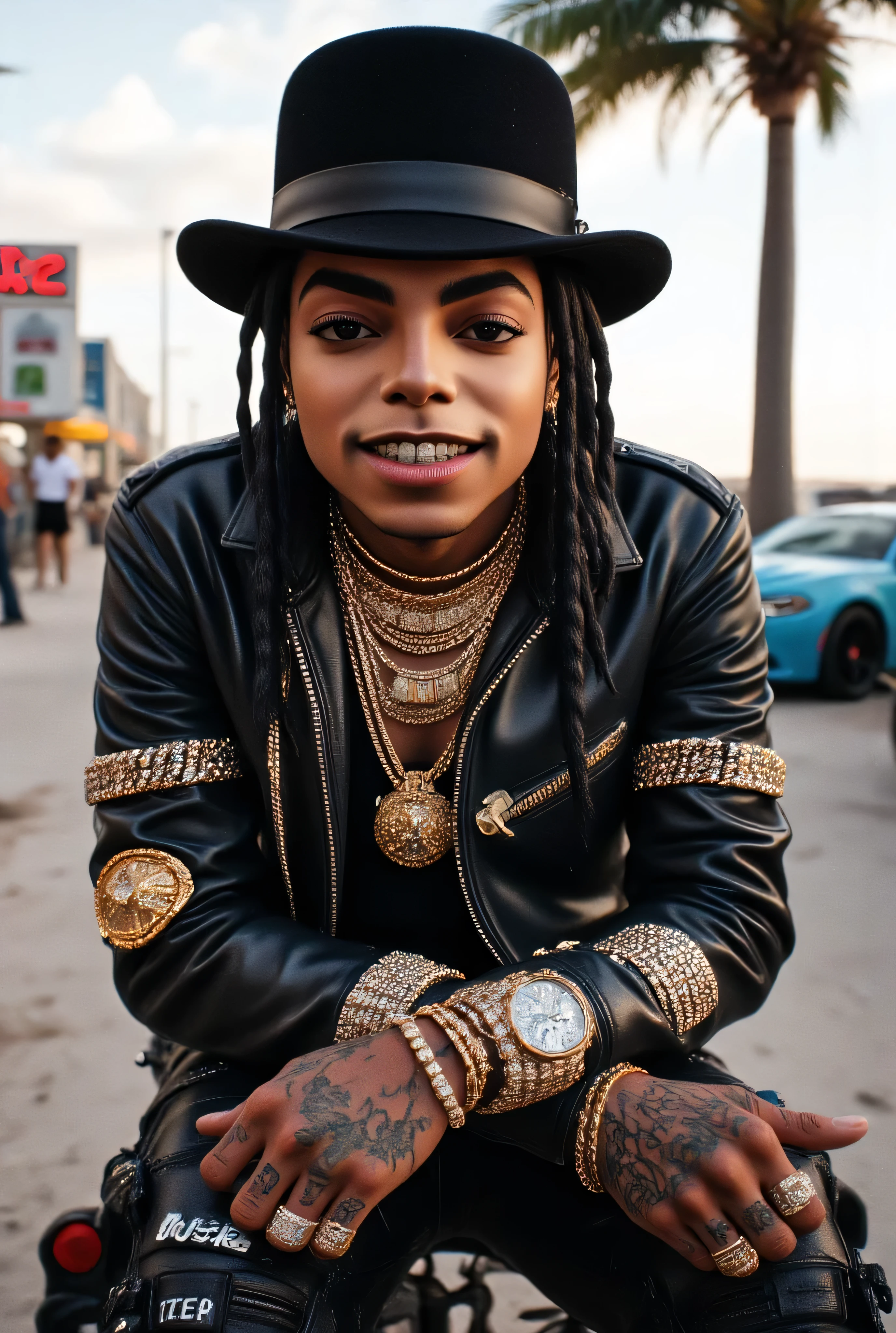 Gr!llz, a Hyper-realistic Ultra-detailed portrait front photo of Michael Jackson in the year 1987 billie jean video Hairstyle smooth criminal Hat ::7.2 as a rapper wearing Streetwear, hairstyle like on the 1987 video, standing on a sunny miami street. His body is a perfect blend of human and machine, with one side organic and the other composed of advanced robotic parts. His iconic hairstyle curl from 1986. He stands confidently, l, sitting in a Meecedes flying vehicles::8.4 . The atmosphere is a mix of futuristic and retro, capturing Michael Jackson’s timeless style in a sci-fi world. Created Using: high-definition photography, detailed cyborg design, miami Beach, (8k, RAW photo, photorealistic:1.25) ,( gloss-face, glossy skin, best quality, ultra highres, depth of field, chromatic aberration, caustics, Broad lighting, natural shading) looking at viewer with a serene and goddess-like happiness, (top-quality、in 8K、32K、masterpiece)、(Photorealsitic:1.4)、Downtown District Background、Backlight effect、depth of fields,blurry backround,(top-quality、8K、32K、masterpiece)
Y