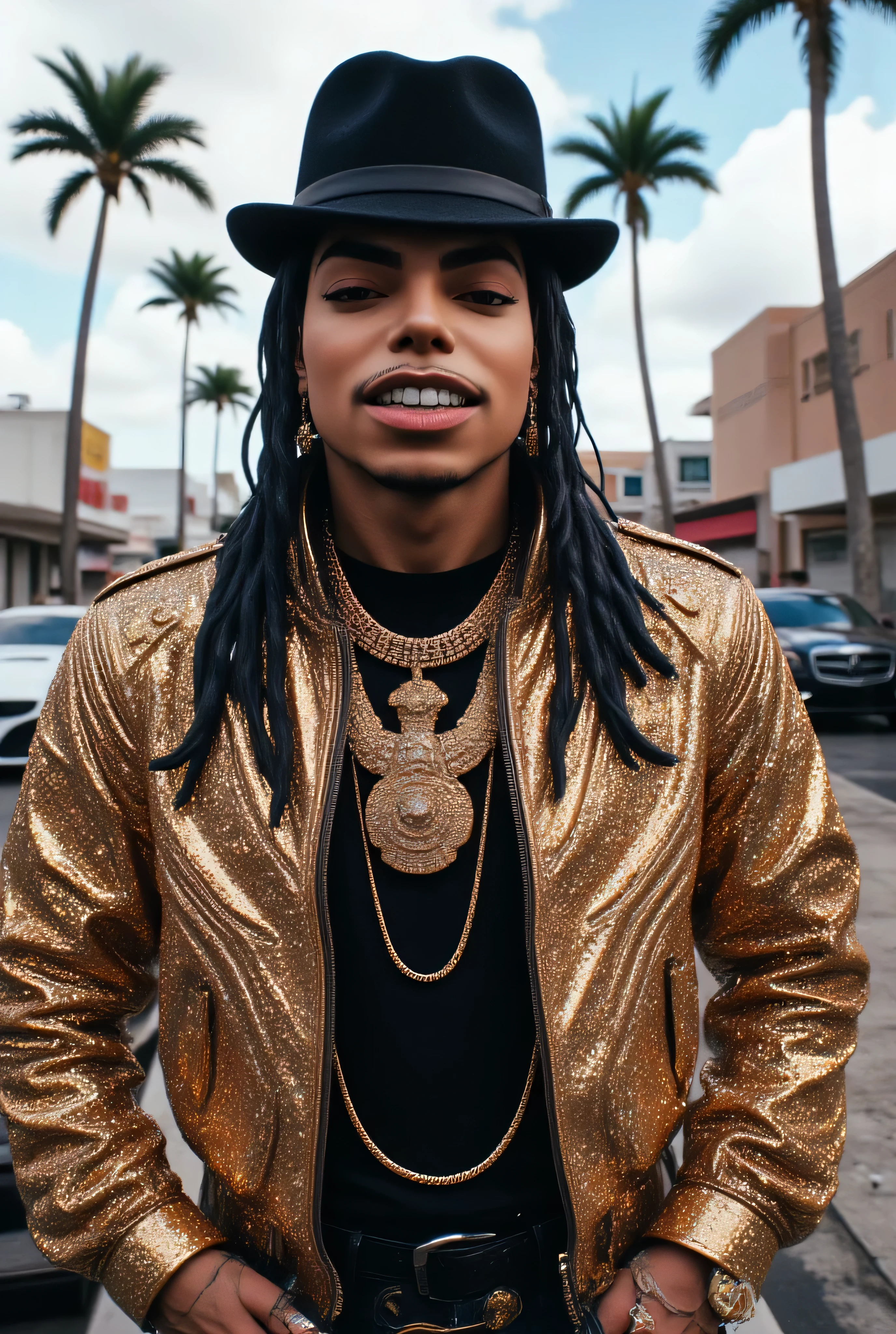 Gr!llz, a Hyper-realistic Ultra-detailed portrait front photo of Michael Jackson in the year 1987 billie jean video Hairstyle smooth criminal Hat ::7.2 as a rapper wearing Streetwear, hairstyle like on the 1987 video, standing on a sunny miami street. His body is a perfect blend of human and machine, with one side organic and the other composed of advanced robotic parts. His iconic hairstyle curl from 1986. He stands confidently, l, sitting in a Meecedes flying vehicles::8.4 . The atmosphere is a mix of futuristic and retro, capturing Michael Jackson’s timeless style in a sci-fi world. Created Using: high-definition photography, detailed cyborg design, miami Beach, (8k, RAW photo, photorealistic:1.25) ,( gloss-face, glossy skin, best quality, ultra highres, depth of field, chromatic aberration, caustics, Broad lighting, natural shading) looking at viewer with a serene and goddess-like happiness, (top-quality、in 8K、32K、masterpiece)、(Photorealsitic:1.4)、Downtown District Background、Backlight effect、depth of fields,blurry backround,(top-quality、8K、32K、masterpiece)
Y