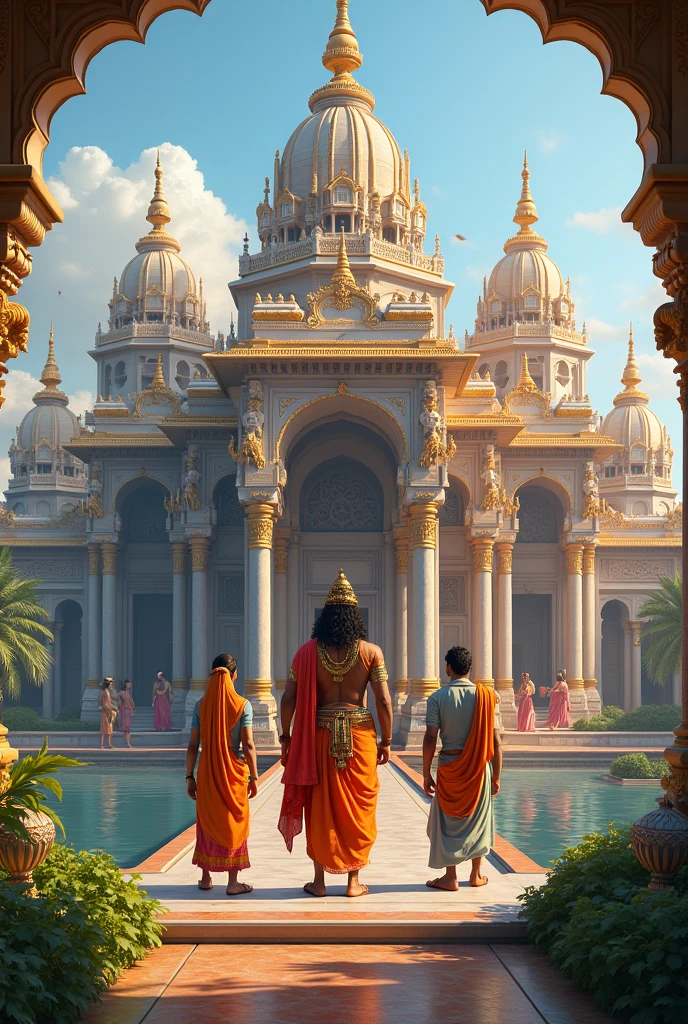 Create a hyper realistic 8k ultra pro painting without borders in Wide shot of the Krishna temple with devotees gathered, incense smoke, and soft lighting., conceptual art, cinematic, illustration