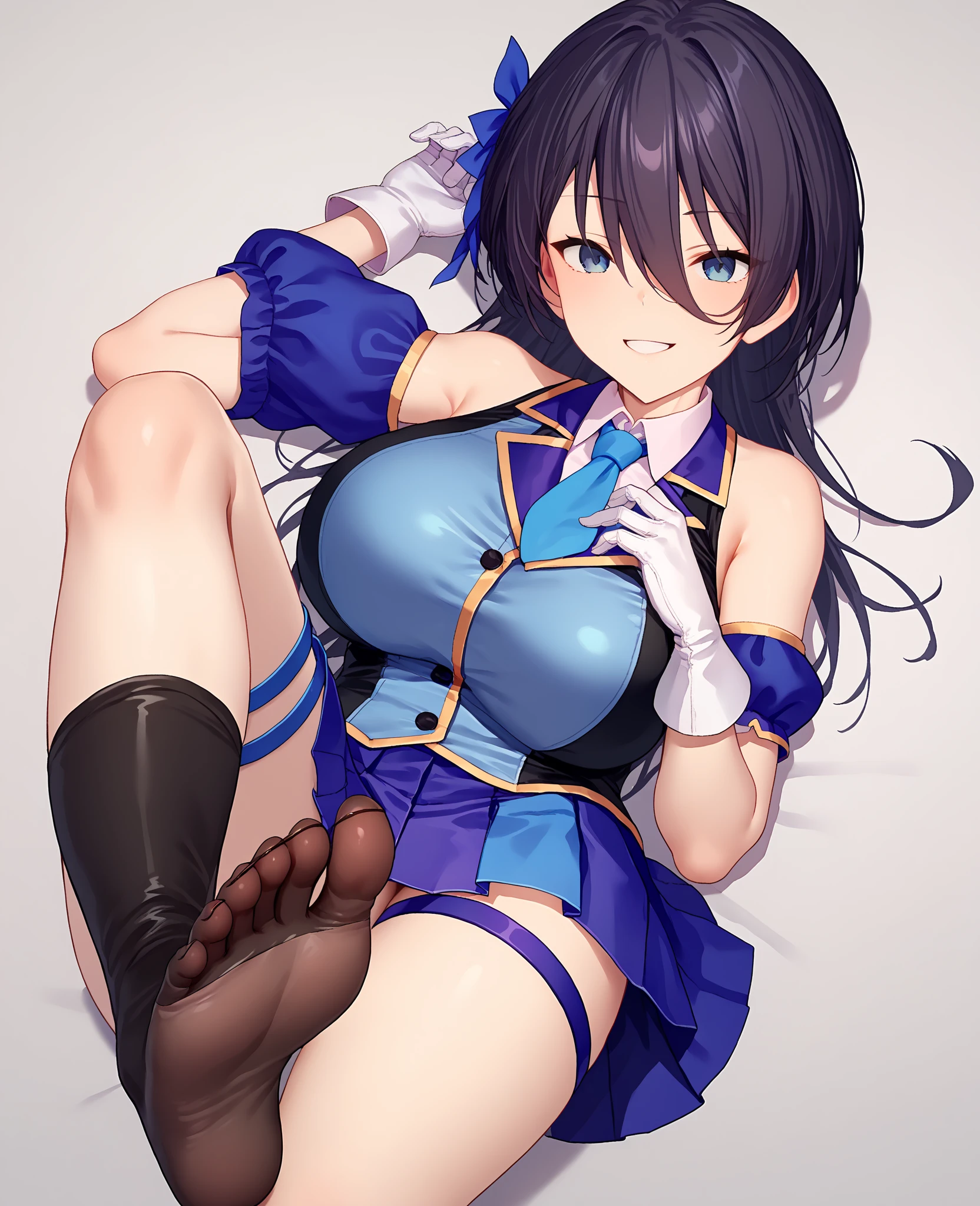 1girl, ultra high res, large chest, cleavage, playboy bunny girl, bunny ears, black stocking, very low angle pov, feet , raise leg