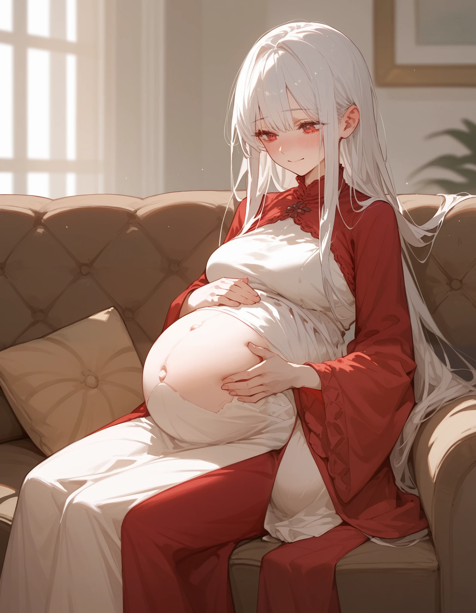 girl, white hair,in red eyes, pregnant,sit,smile,shy,sofa,long hair,Stroking the belly yourself,Red Long Skirt