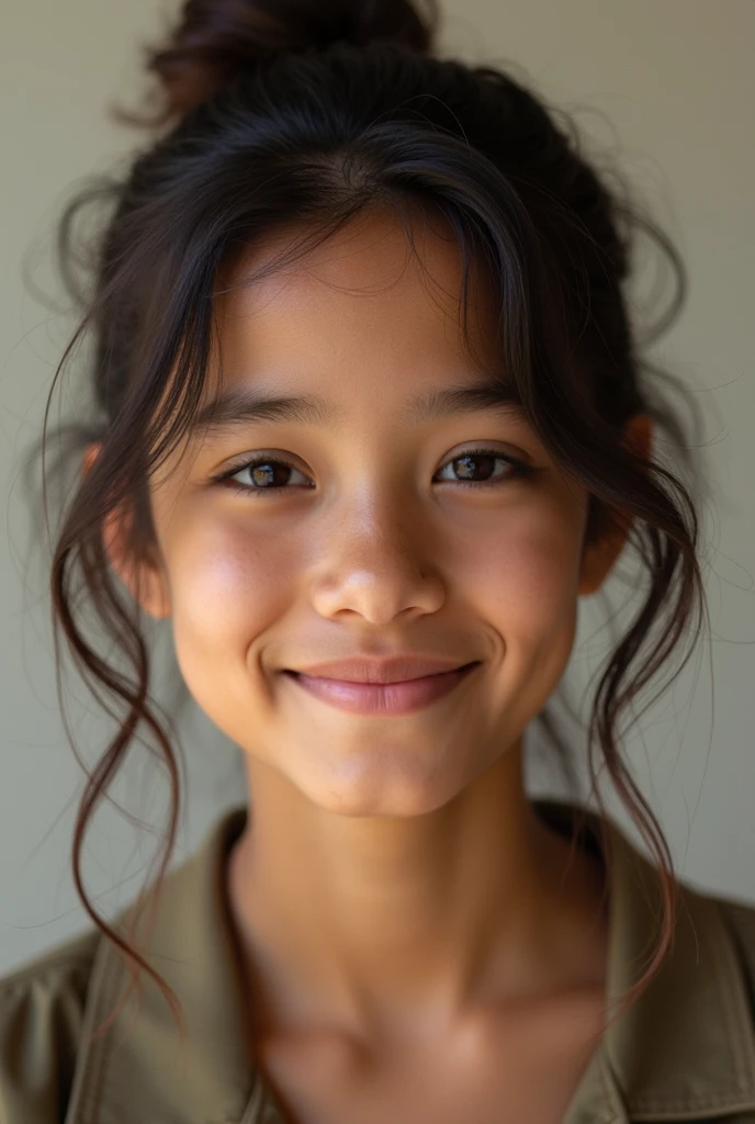 A detailed portrait of an 1 female indian ager. She has a frame, a youthful glow to her complexion, expressive eyes filled with curiosity, and a dimpled smile. She has medium-length hair tied up in a casual ponytail. She is wearing a comfortable stylis t shirt