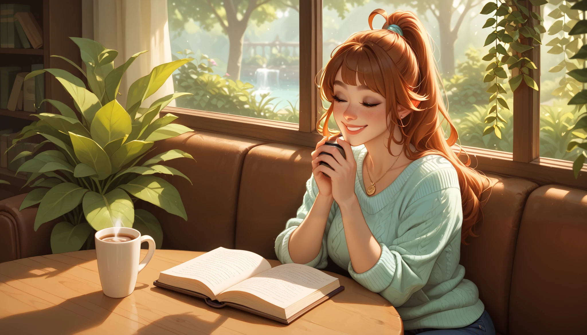 "A cozy café filled with lush green plants, warm sunlight streaming through large windows, and rustic wooden furniture. A beautiful woman with a warm smile sits at a wooden table, sipping coffee while reading a book. She wears a comfortable sweater and jeans, fully immersed in her reading. The café's soft golden lighting and the gentle hum of conversations create a peaceful and inviting atmosphere."