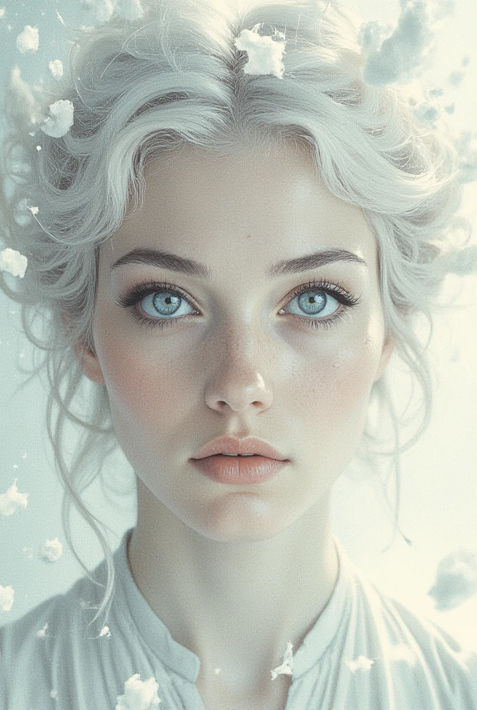 A surreal, ethereal portrait of a woman, taken in close-up, with a fascinatingly beautiful, almost angelic appearance. Her pale complexion seems to glow, smoothly merging with the pure white background, giving the impression that she arises from the light itself. The focus is on her very large piercing blue eyes, their crystal clarity and soft radiance, conveying a sense of unearthly wisdom and tranquility. Her long eyelashes look bold and spectacular, contrasting sharply with her porcelain skin, and attract the viewer's gaze to her irresistible gaze. She has graceful facial features with high cheekbones, a perfectly straight nose and soft, full lips that maintain a refined, neutral expression, emphasizing serenity and quiet strength. Her platinum-white hair gently flows upwards, accentuating her heavenly appearance. Thin strands, light and fluffy, smoothly merge into a white background, and white ashes scatter around it, creating an airy atmosphere. The lighting is diffused and uniform, it erases shadows and creates a minimalistic aesthetic that fully highlights her striking features. Overall, the composition seems timeless, as if it reflects the essence of purity and perfection, with a soft, dreamlike quality that encourages introspection and reverence. The simplicity of the image enhances its mystery, creating a deep angelic presence that seems both familiar and otherworldly.