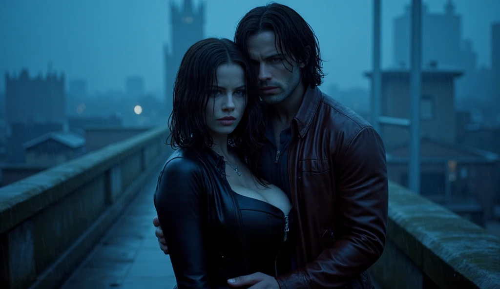 Damon Salvatore, a hot muscular gothic guy in a Batman suit without the mask, stands behind Jessi, the red-haired Catwoman, on a deserted Gotham street. The rain cascades down, drenching their bodies. Jessi leans back into him, her head tilted to the side. Damon’s hands slide around her waist, pulling her close as he kisses her neck. The rain-soaked street becomes their stage, their passion igniting under the stormy sky. They embrace fiercely, the thunder and lightning adding to the intensity of their connection.