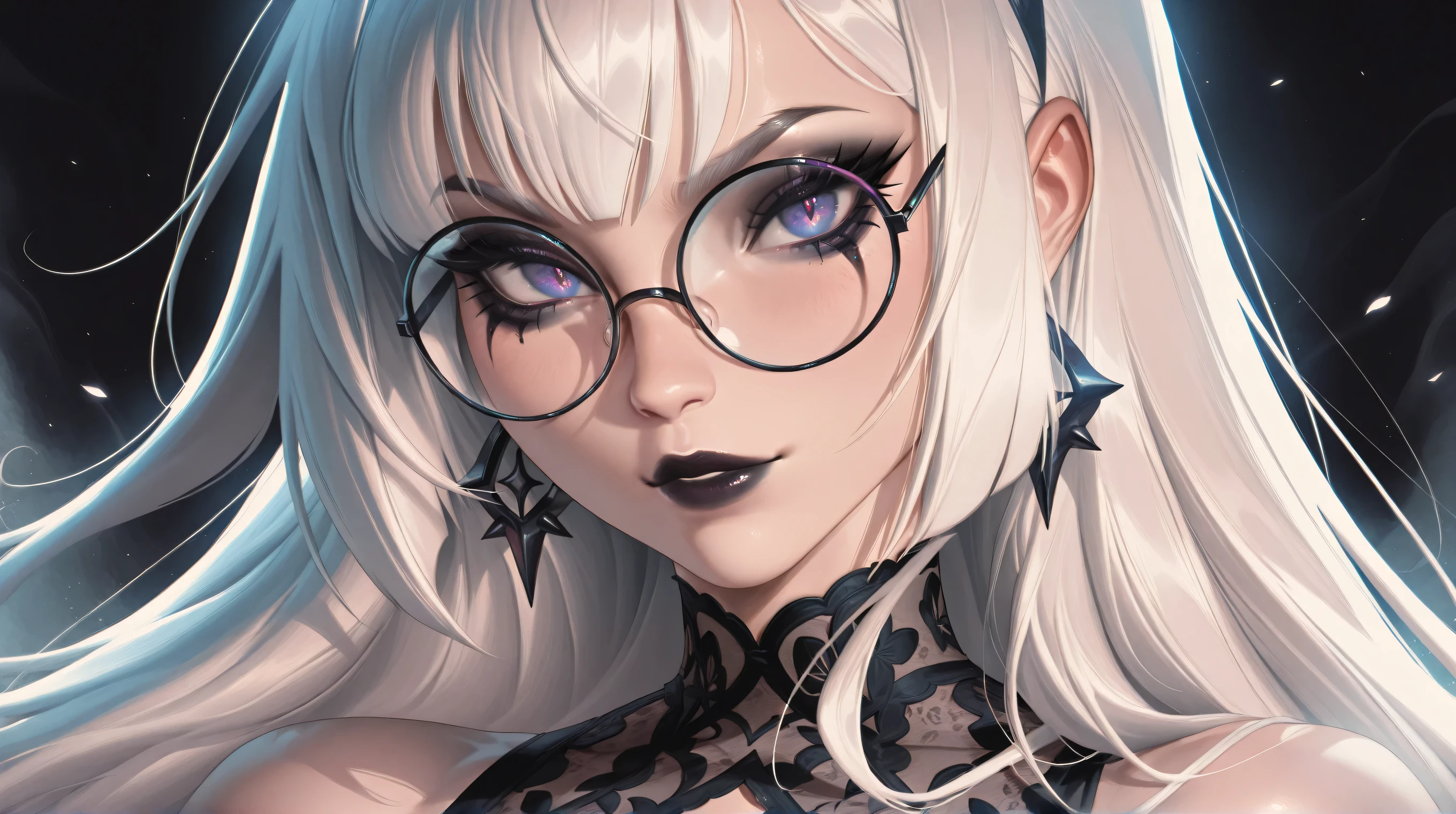 detailed textures, high quality, high resolution, high accuracy, Realism, color correction, correct lighting settings, harmonious composition. 1 girl in, Straightening clothes, bad girl, черные gloves, split, earrings, Glasses, gloves, Jewelry, lace, lace trim, Big breasts, lips, long hair, I look at the viewer, draw up, приоткрытые lips, red background, Red eyes, красные lips, round glasses, One, Sunglasses, tinted glasses, upper body, white hair--ar 3:4- Niji 6