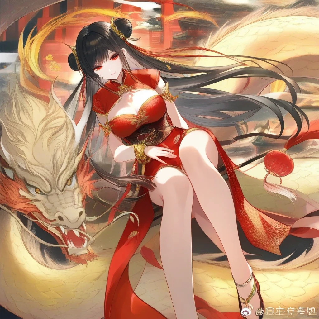 (Magnificent Masterpiece, Exceptional Quality)
1. Girl, Solo, Empress, China Dress, Dramatic Dragon, Black Hair, Red Eyes
(Dragon Tail, Imperial Spirit, China Dynasty)

She stands resplendent, a solitary figure draped in an ornate, red-hued China dress. Her black hair flows like cascading ink over her shoulders, framing the regal countenance of her striking red eyes. Beneath her feet, a grand, lifelike dragon lies coiled, its majestic scales shimmering in the soft light.

The imperial style of the China dress is evident in its intricate patterns