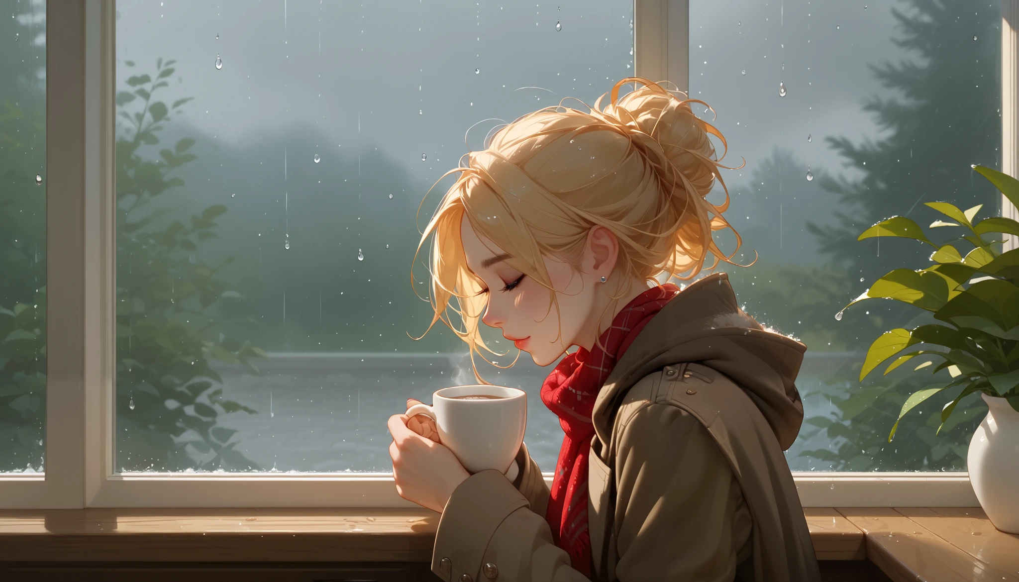 "A cozy café on a rainy afternoon, with large windows covered in raindrops and the scent of freshly brewed coffee filling the air. A beautiful woman with a thoughtful expression sits by the window, stirring her cup of coffee while gazing outside at the rain. She wears a dark coat and a scarf, lost in deep thought. The warm lighting contrasts with the cool, misty view outside, creating a tranquil and nostalgic mood."