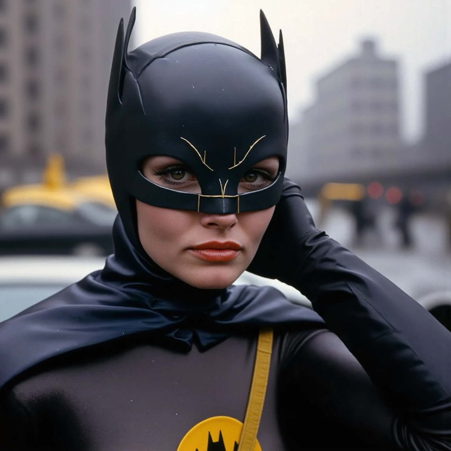 <lora:Batman1966 Style:1> cinematic film still of catwoman, 1966, wearing a cat suit, posing for a picture, Bama1966 Style, long hair, looking at viewer, blue eyes, black hair, gloves, cat ears, jewelry, belt, necklace, lips, bodysuit, classic, vintage, retro, dramatic film lighting, cinematic, Gotham City, ba_ma style, batman style, batman1966 style, shallow depth of field, highly detailed, bokeh, cinemascope, moody, epic, gorgeous, film grain, grainy