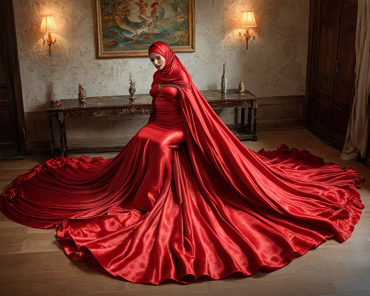 An alluring woman shrouded in a 4-meter-long, plush red satin cloth, tightly bound and grandly draping along the form of her body, flowing off into a pooled floor-length train, styled in a mermaid-inspired outfit, her head modestly veiled in a satin hijab, a full-body pose conveying a sense of mysterious elegance, captured in a 4k resolution, ultra-realistic
