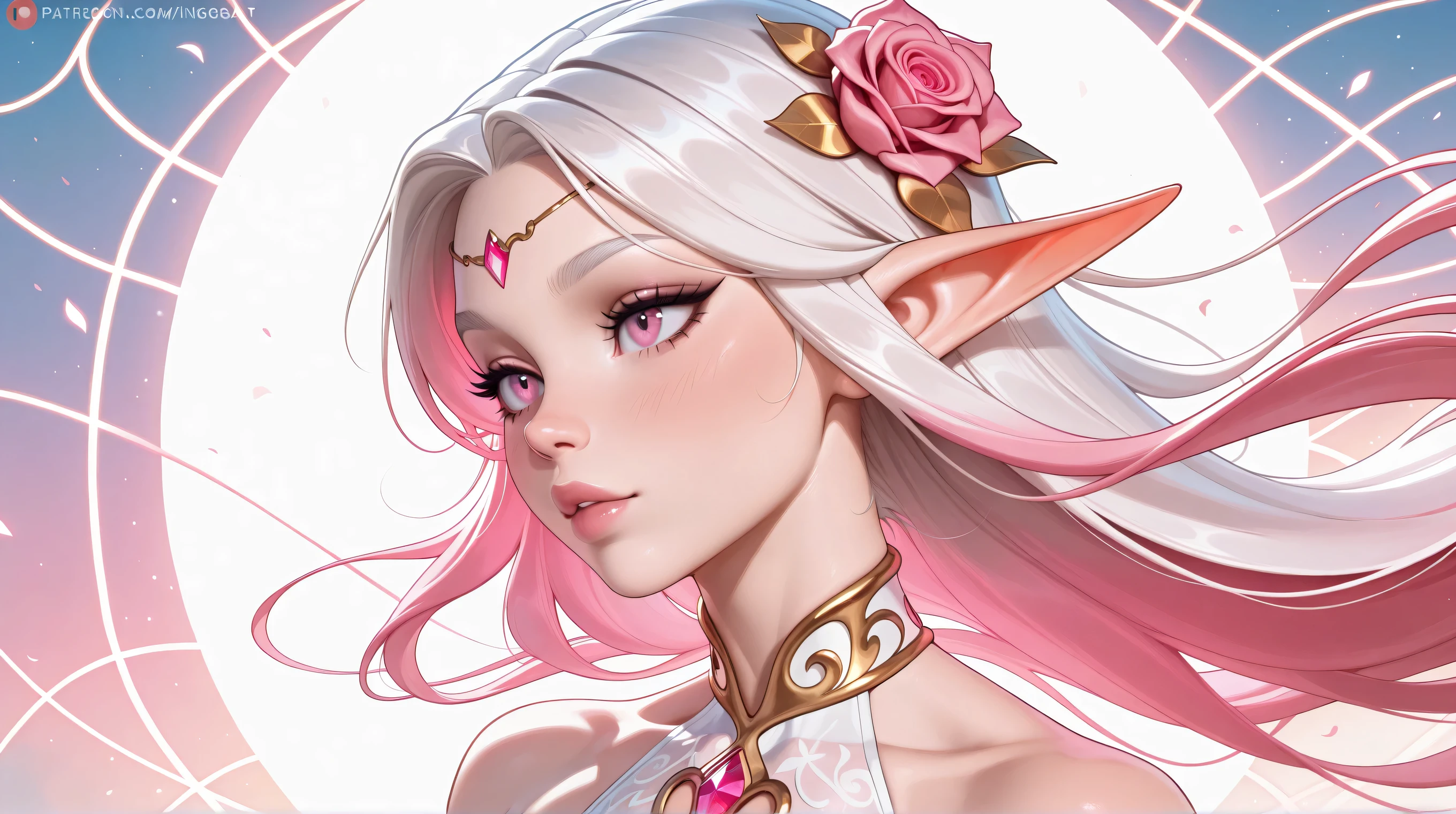 masterpiece, official art, best quality , extremely detailed,fantasyv2, 1girl, solo, long hair, looking at viewer, bangs, blue eyes, blonde hair, hair ornament, animal ears, jewelry, upper body, flower, white hair, sidelocks, multicolored hair, parted lips, hair flower, lips, gradient, eyelashes, makeup, animal, blue background, portrait, pink flower, eyeshadow, freckles, nose, mouse, animal on shoulder <lora:fantasyv2:0.8>