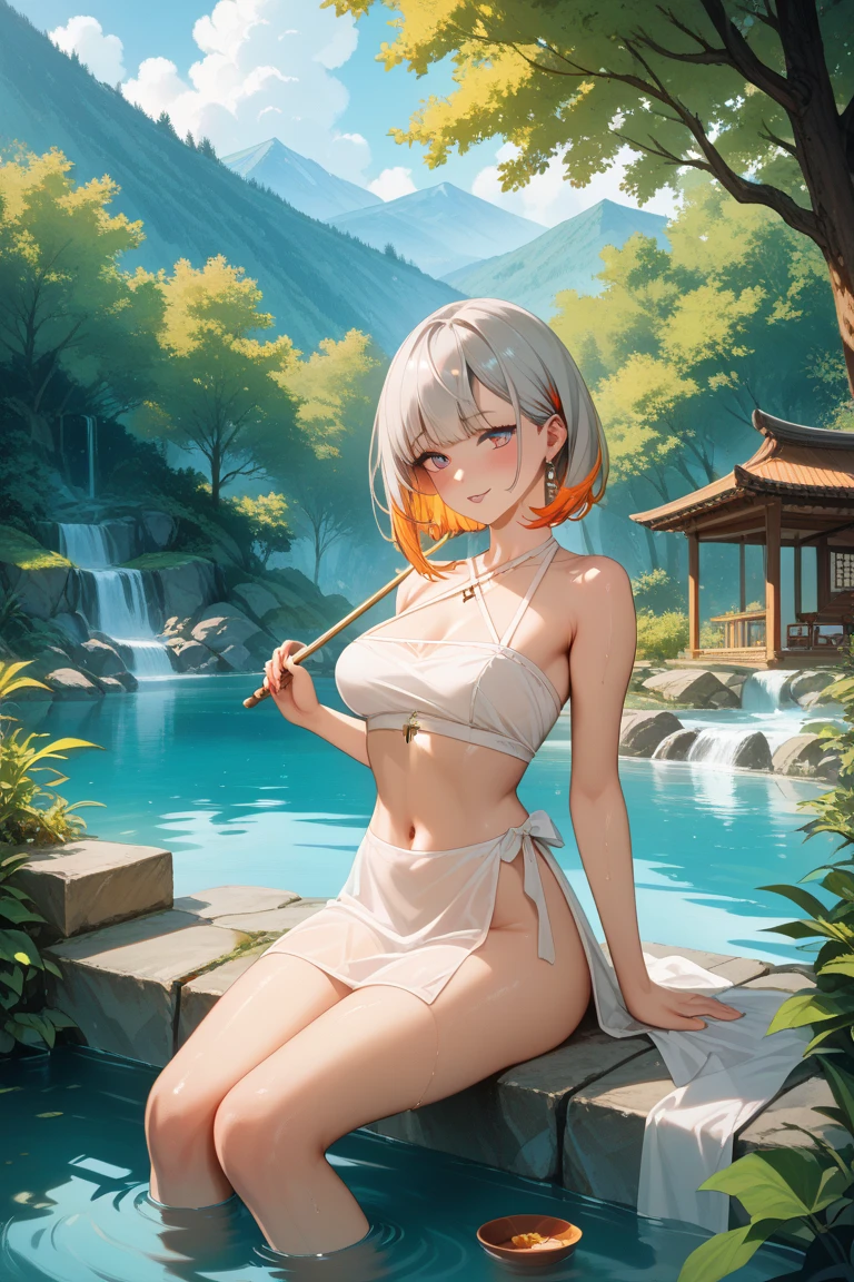 masterpiece, best quality, detailed, pov, purah, hair ornament, red-framed eyewear, hair stick, round eyewear, hair bun, island background, smug smile, seductive look, naked, no visible clothes, medium breasts, visible nipples, visible vagina,