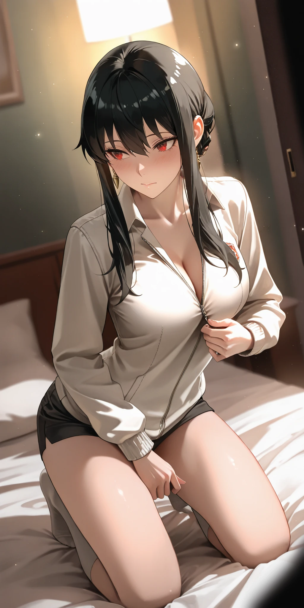 (masterpiece, best quality:1.2), 1girl, sitting in a bed, black hair, long hair, horny, black pajamas,panties, sexy pose, open legs,pussy pic, open