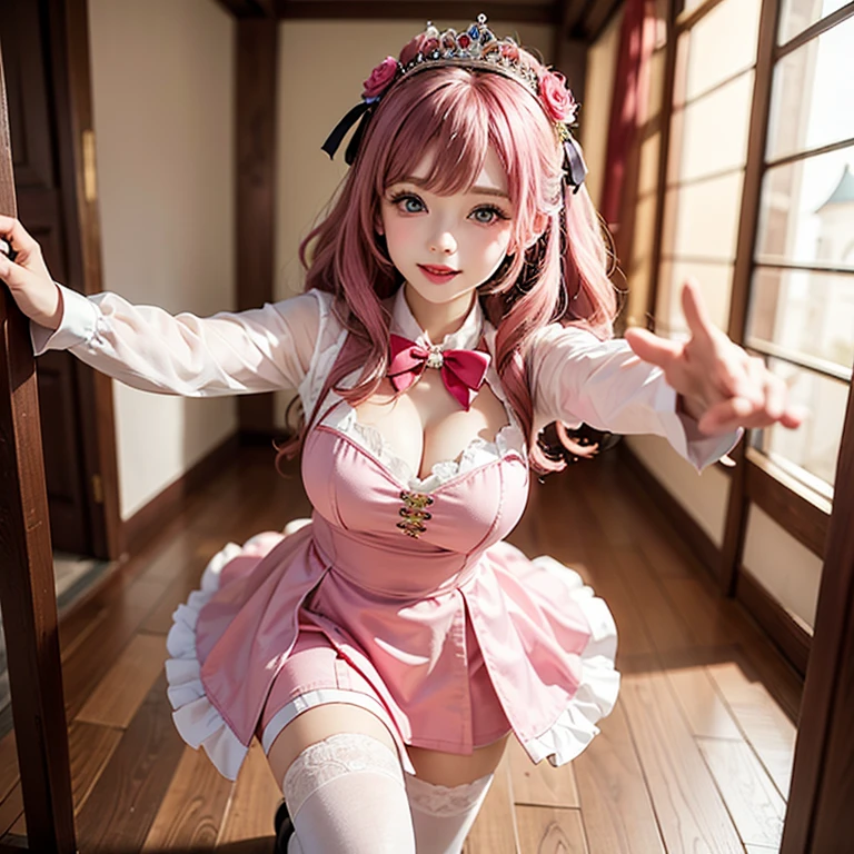 One girl, schoolgirl, Lolita, girl face, about 18 years old, (((wearing a very revealing pink Lolita wife costume))), (Bunny girl costume: 1.5, Bondage: 1.15, Lolita, French maid: 0.3, Idol: 1.8, Lingerie: 1.5, ??????????: 1.2), ((clothes with sheer skin)), (white stockings), White fishnet stockings, (((pink clothes)), (bondage), ((big)) ))), large breasts, busty, ((emphasizing breasts), showing off breasts, sticking out breasts), (smiling), pink ribbons in hair, outdoors, rose arches, lots of flowers, the best kawai smile, pink hair, hair fluttering in the wind, wrists hidden, hands above head, restrained, UHD, retina, masterpiece, ccurate, anatomically correct, textured skin, super detail, high details, high quality, award winning, best quality, highres, 1080P, HD, 4K, 8k, 16k